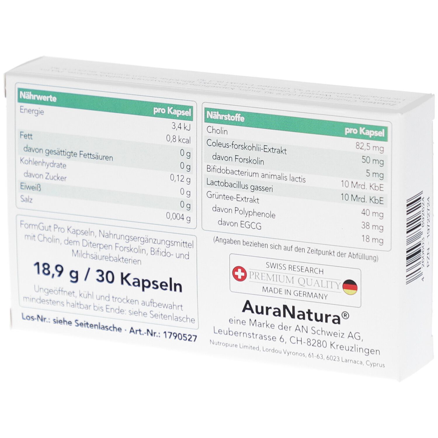 Rückseite der Schachtel. Nährwerttabelle und Inhaltsstoffe. Logo Swiss Research. Marke AuraNatura.