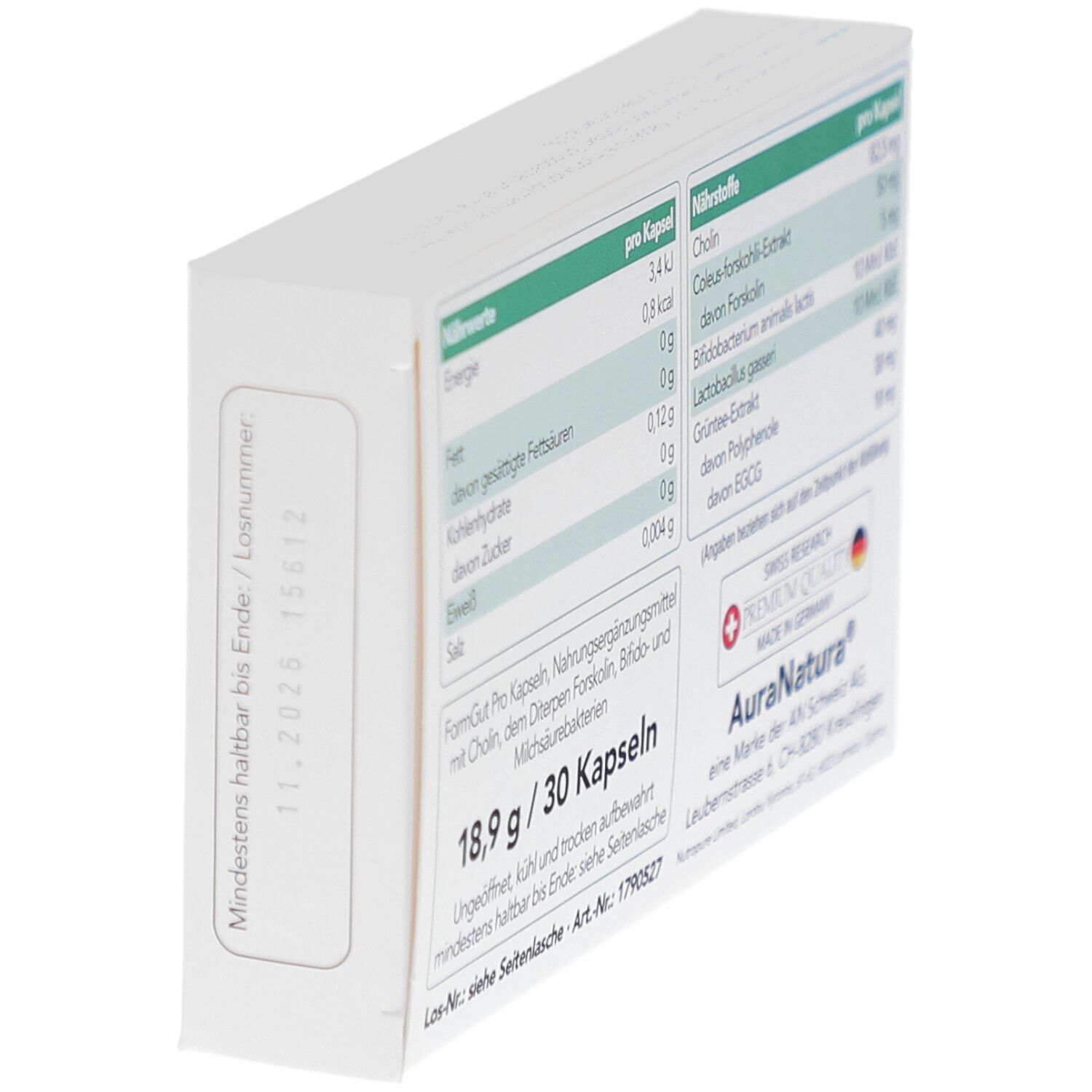 Rückseite der Schachtel. Nährwertangaben und Inhaltsstoffe. Logo Swiss Research. Marke AuraNatura.
