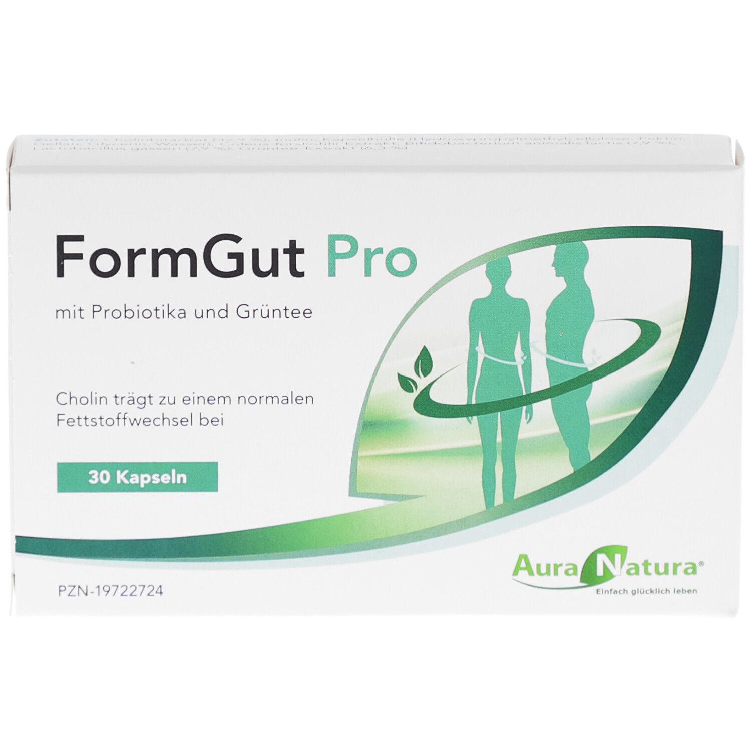 Weiße Schachtel mit Produktnamen FormGut Pro. Enthält 30 Kapseln. Logo Aura Natura. Abbildung von zwei Personen.