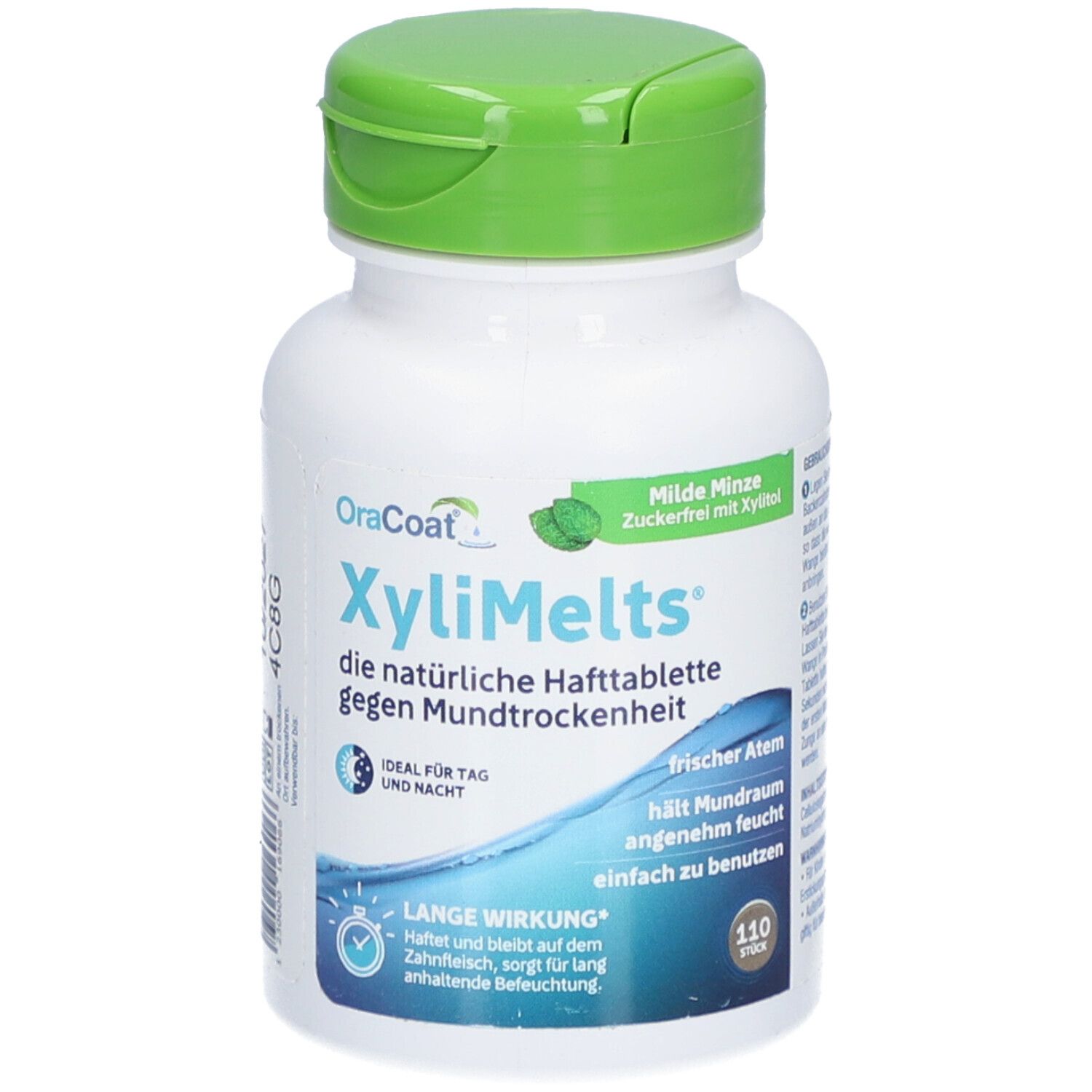 Weiße Flasche mit grünem Deckel. Aufschrift: OraCoat XyliMelts, Milde Minze, gegen Mundtrockenheit. 110 Stück.