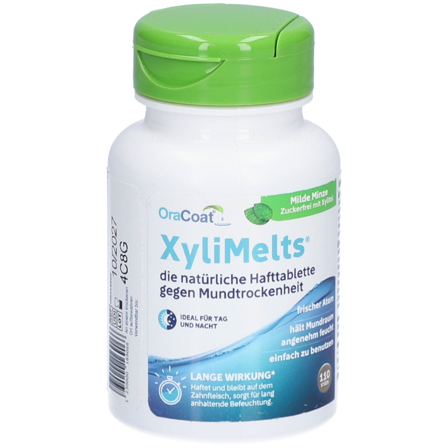 Weiße Flasche mit grünem Deckel. Aufschrift: OraCoat XyliMelts, Milde Minze, gegen Mundtrockenheit. 110 Stück.
