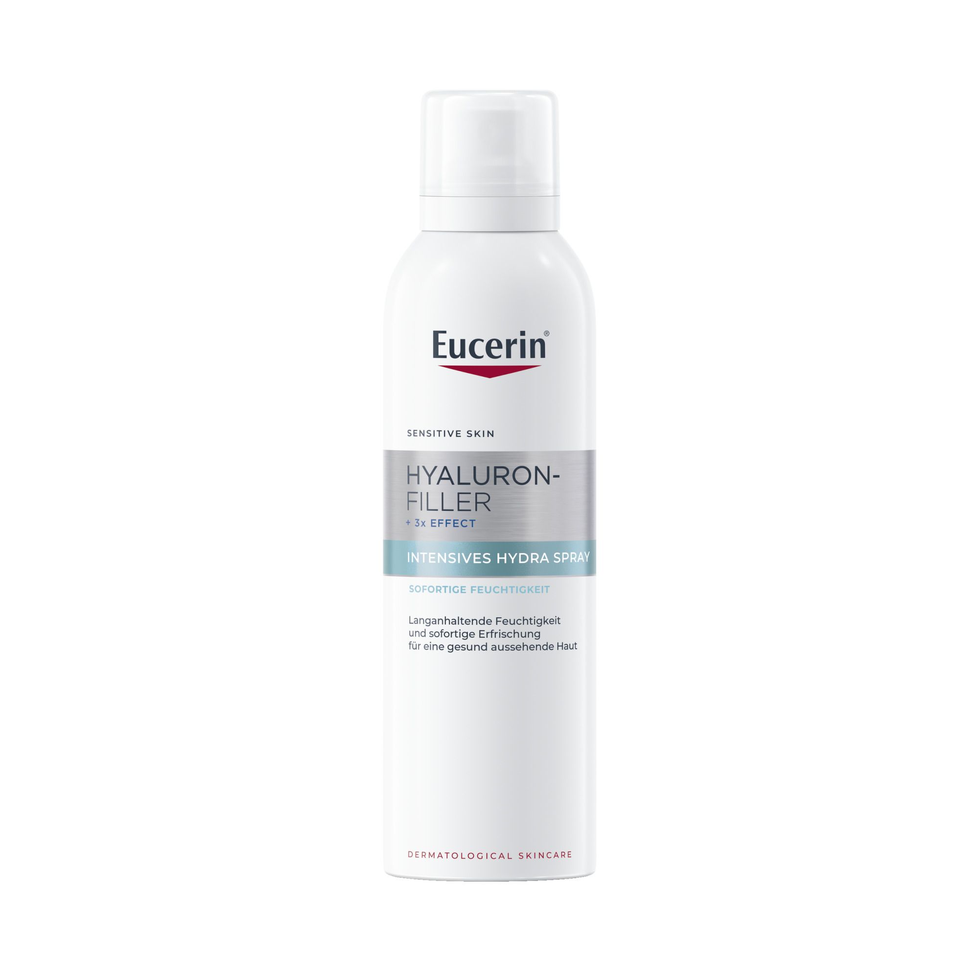 Eucerin Hyaluron-Filler Hydra Spray. Weiße Sprühflasche mit blau-grauer Beschriftung. Produktname und Marke deutlich sichtbar.