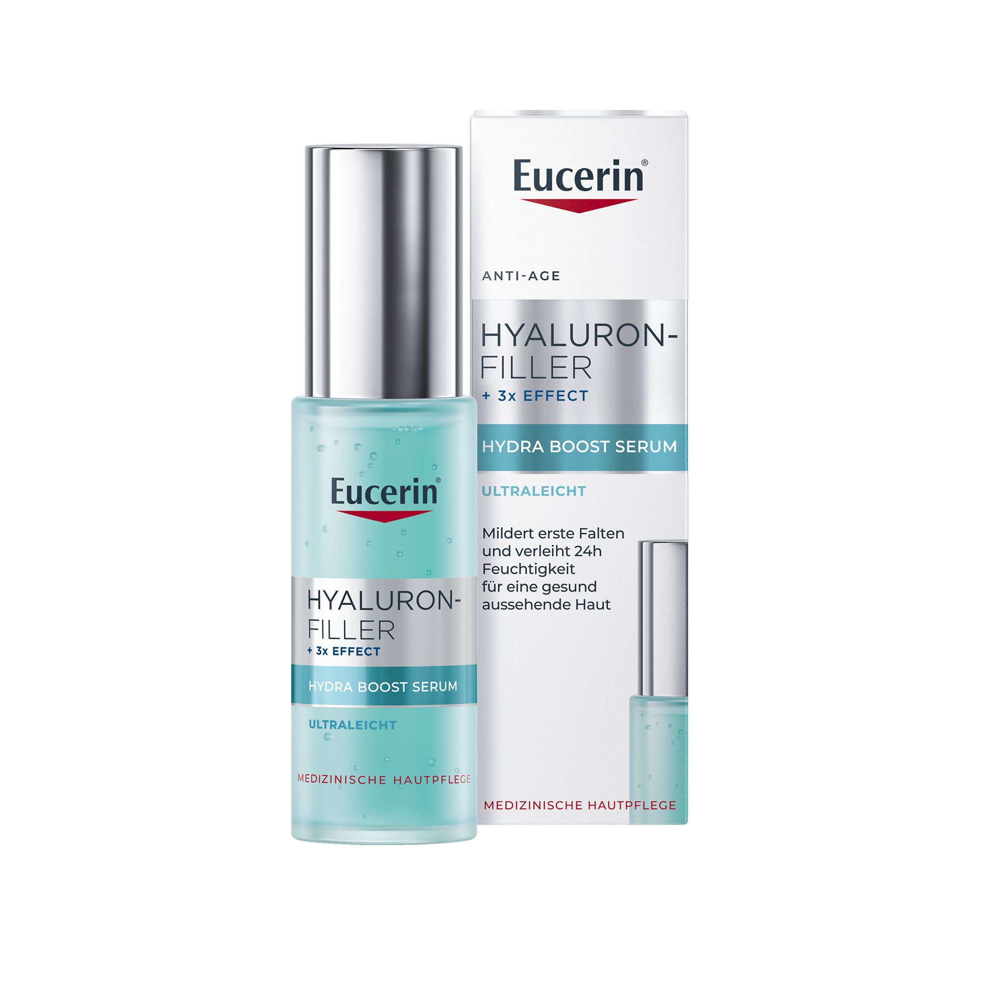 Serumflasche und Verpackung. Eucerin Hyaluron-Filler + 3x Effect Hydra Boost Serum. Ultraleichtes Hyaluronserum.