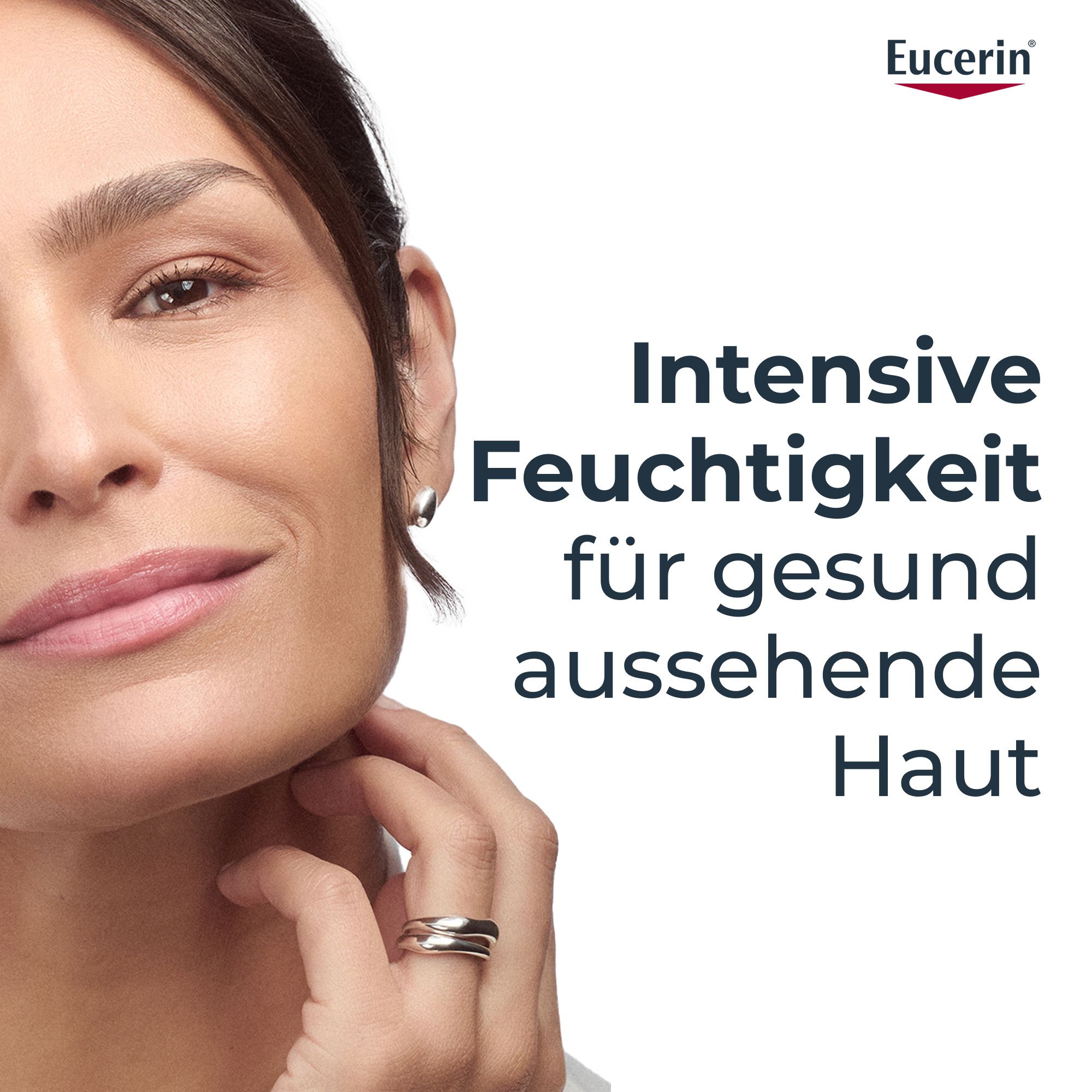 Frau mit Hautpflege. Text: Intensive Feuchtigkeit für gesund aussehende Haut. Eucerin Logo.