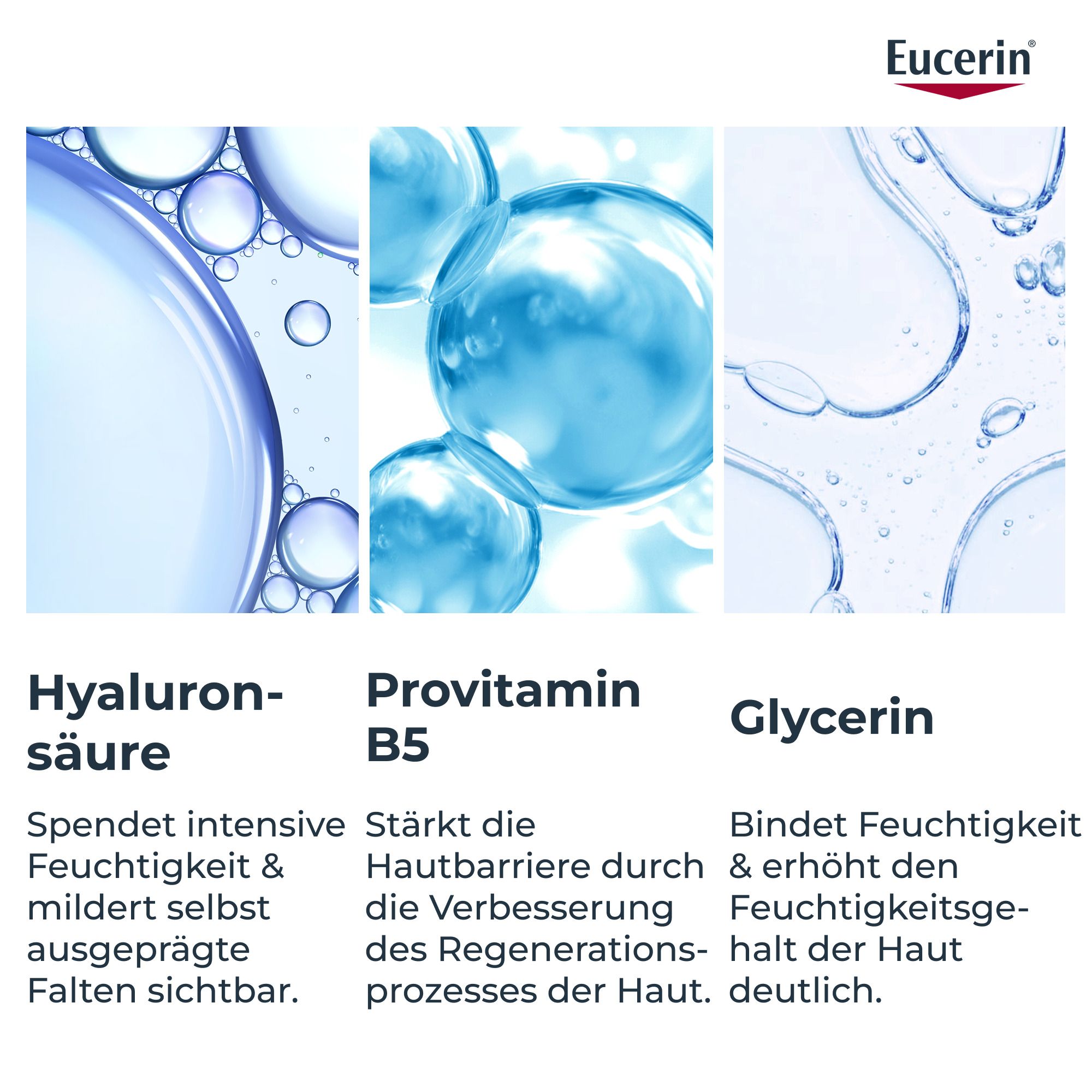 Nahaufnahmen von Hyaluronsäure, Provitamin B5 und Glycerin. Text: Spendet Feuchtigkeit, stärkt Hautbarriere, bindet Feuchtigkeit.