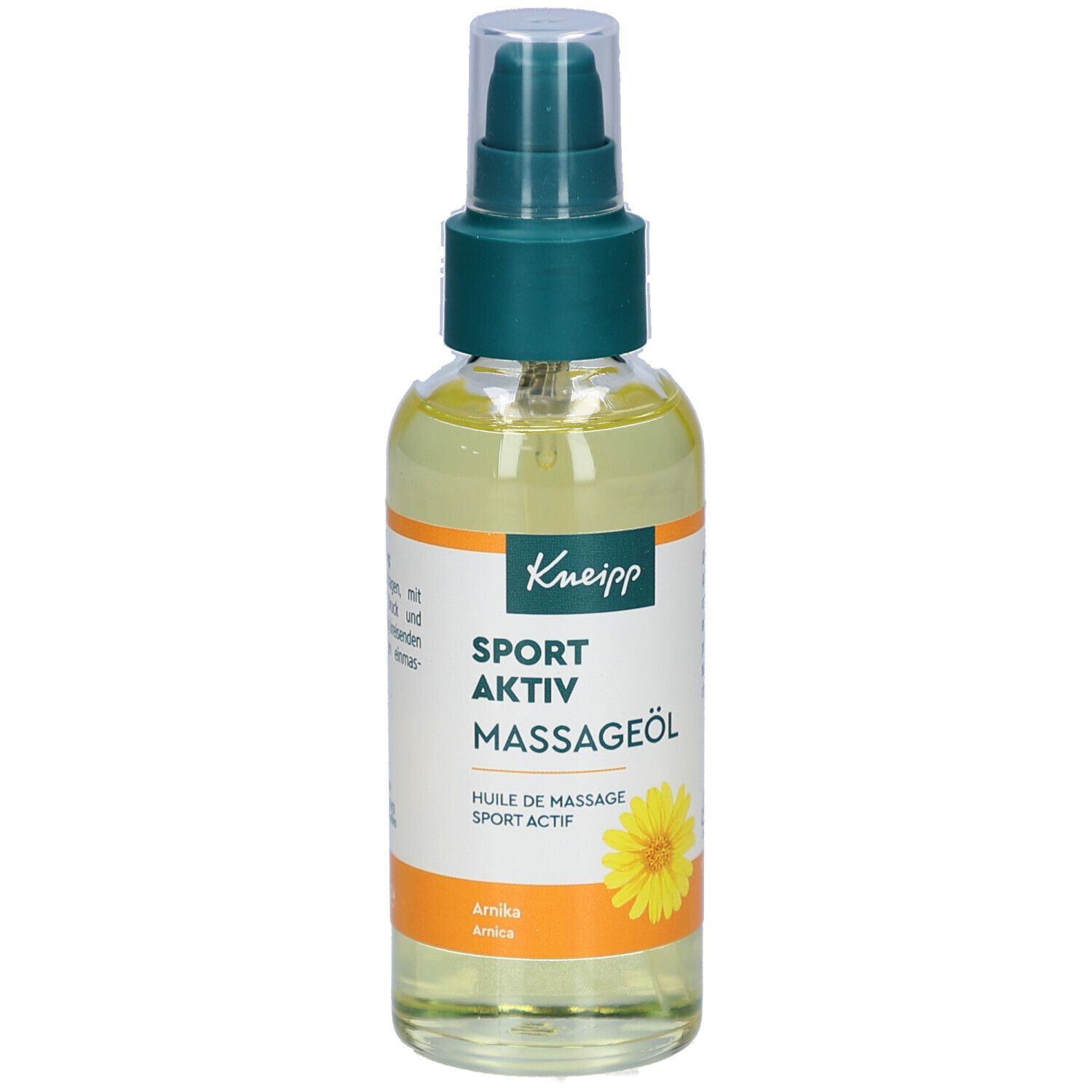 Kneipp Sport Aktiv Massageöl. Klare Glasflasche mit grünem Sprühkopf. Gelbe Flüssigkeit. Etikett mit Produktnamen und Blüte.
