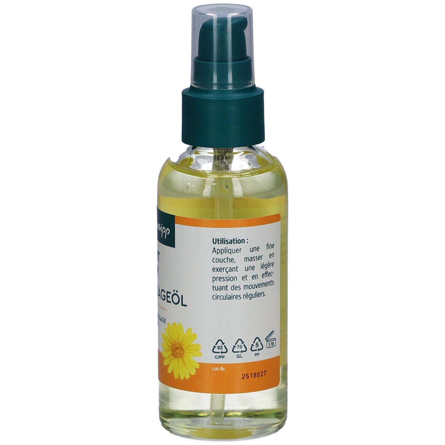 Kneipp Sport Aktiv Massageöl. Seitenansicht der Flasche. Etikett mit Anwendungshinweisen. Gelbe Flüssigkeit.