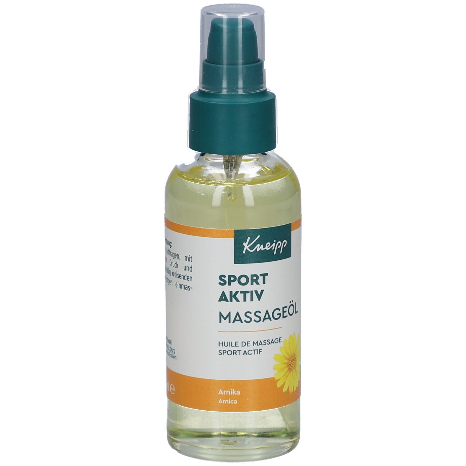 Kneipp Sport Aktiv Massageöl. Klare Glasflasche mit grünem Sprühkopf. Etikett mit Produktnamen und Blüte.