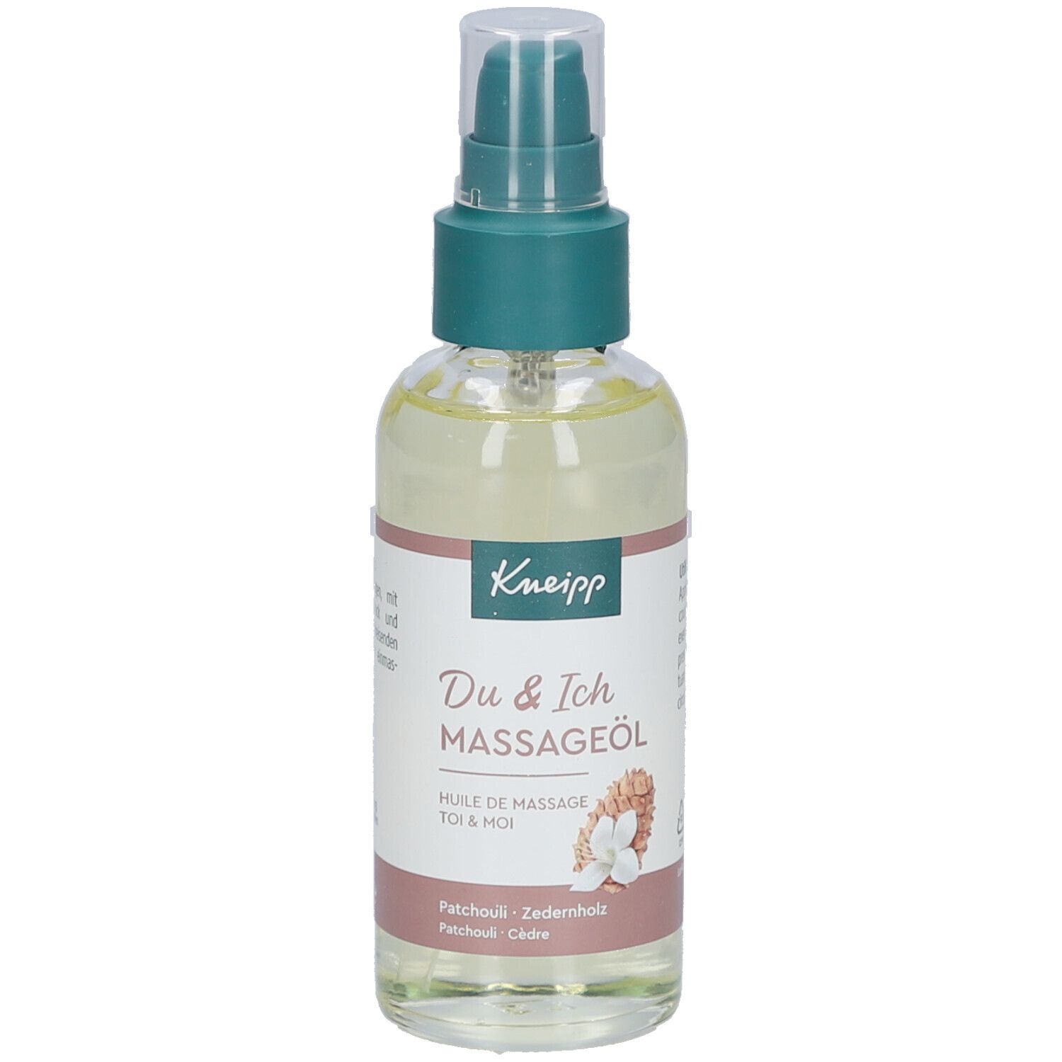 Kneipp Massageöl-Flasche mit Sprühkopf. Aufschrift: Du & Ich Massageöl. Inhaltsstoffe: Patchouli, Zedernholz.