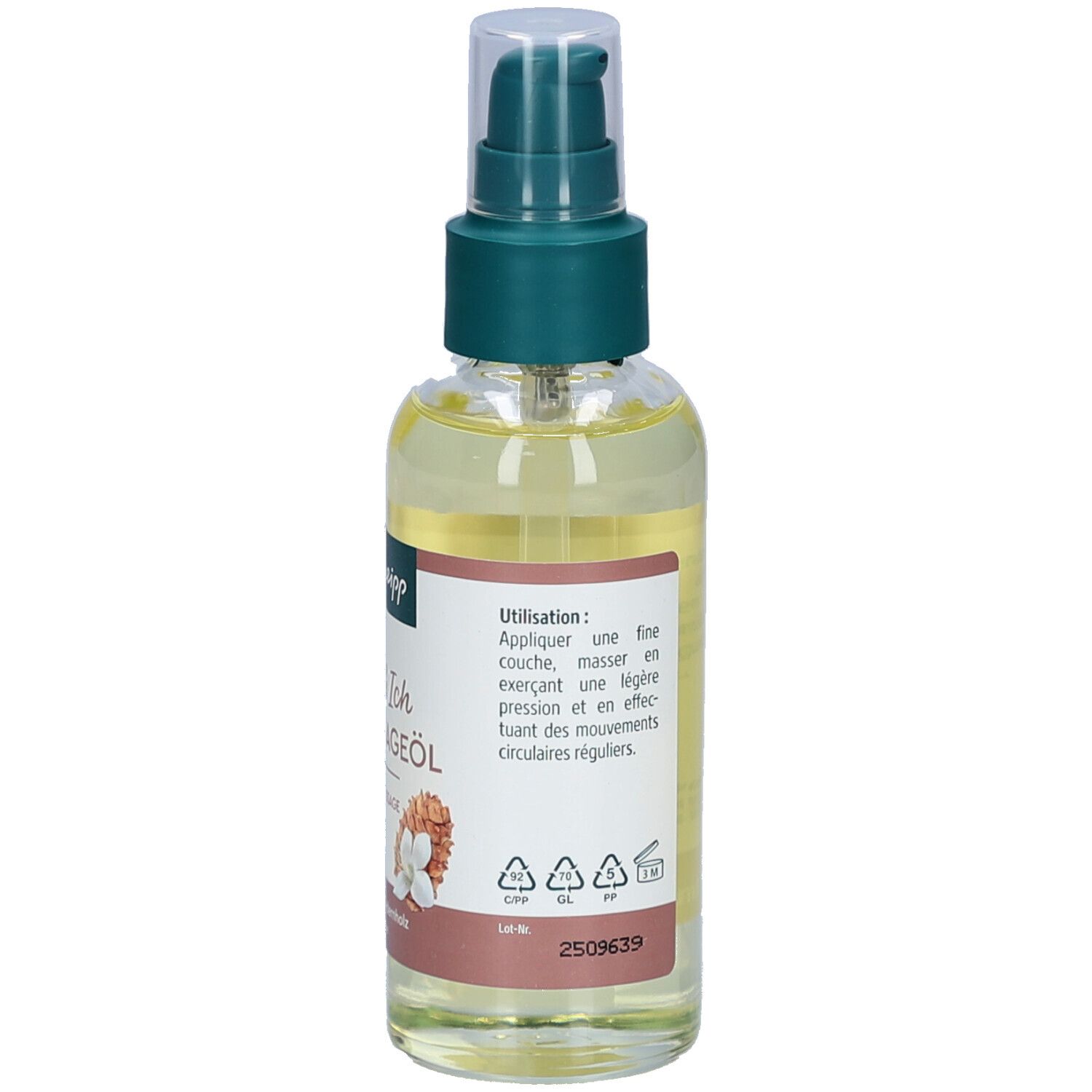 Kneipp Massageöl-Flasche, Rückseite. Text: Anwendung. Inhaltsstoffe und Anwendungshinweise. Umweltzeichen.