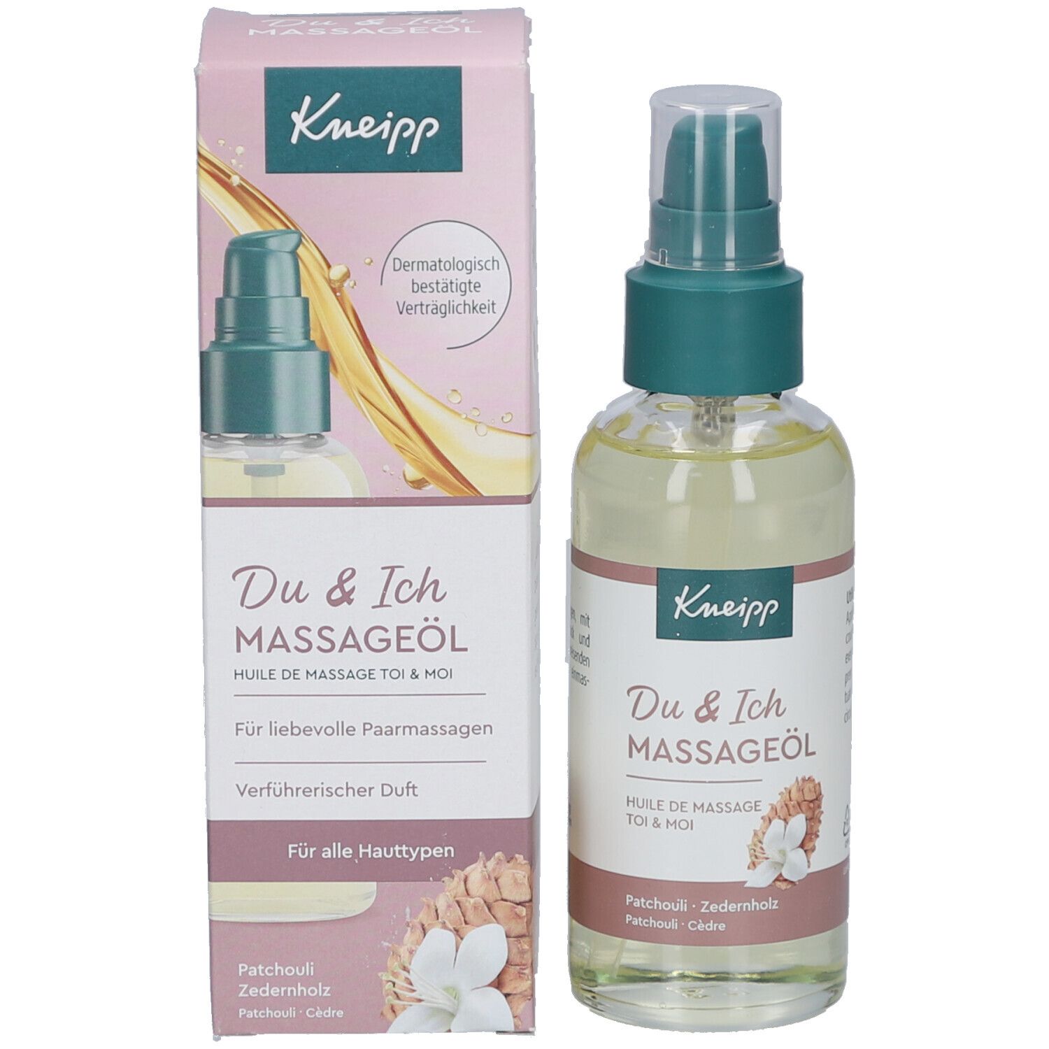 Kneipp Massageöl-Flasche und Verpackung. Aufschrift: Du & Ich Massageöl. Für alle Hauttypen. Dermatologisch bestätigt.