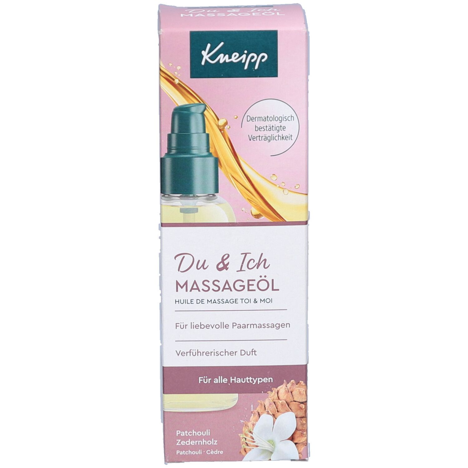 Kneipp Massageöl-Verpackung. Aufschrift: Du & Ich Massageöl. Für liebevolle Paarmassagen. Für alle Hauttypen. Dermatologisch bestätigt.