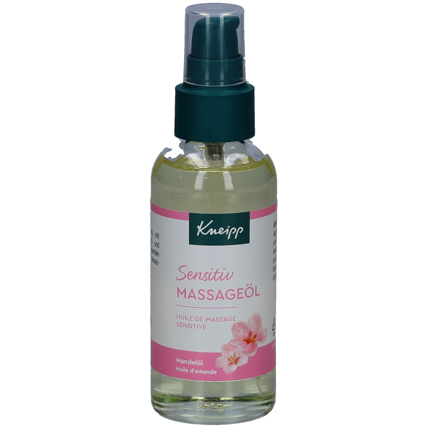 Kneipp Sensitiv Massageöl Flasche. Transparentes Öl mit grünem Pumpkopf. Rosa Etikett mit Produktname und Blüten.