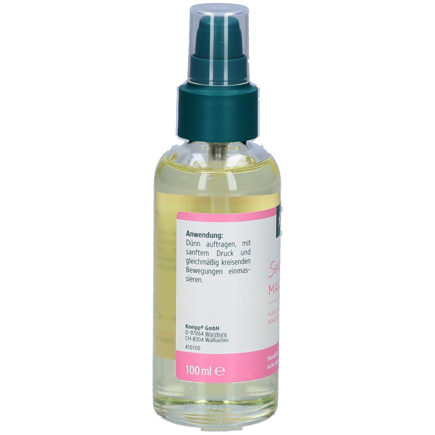 Rückseite der Kneipp Sensitiv Massageöl Flasche. Text mit Anwendungshinweisen und Inhaltsstoffen. 100 ml.