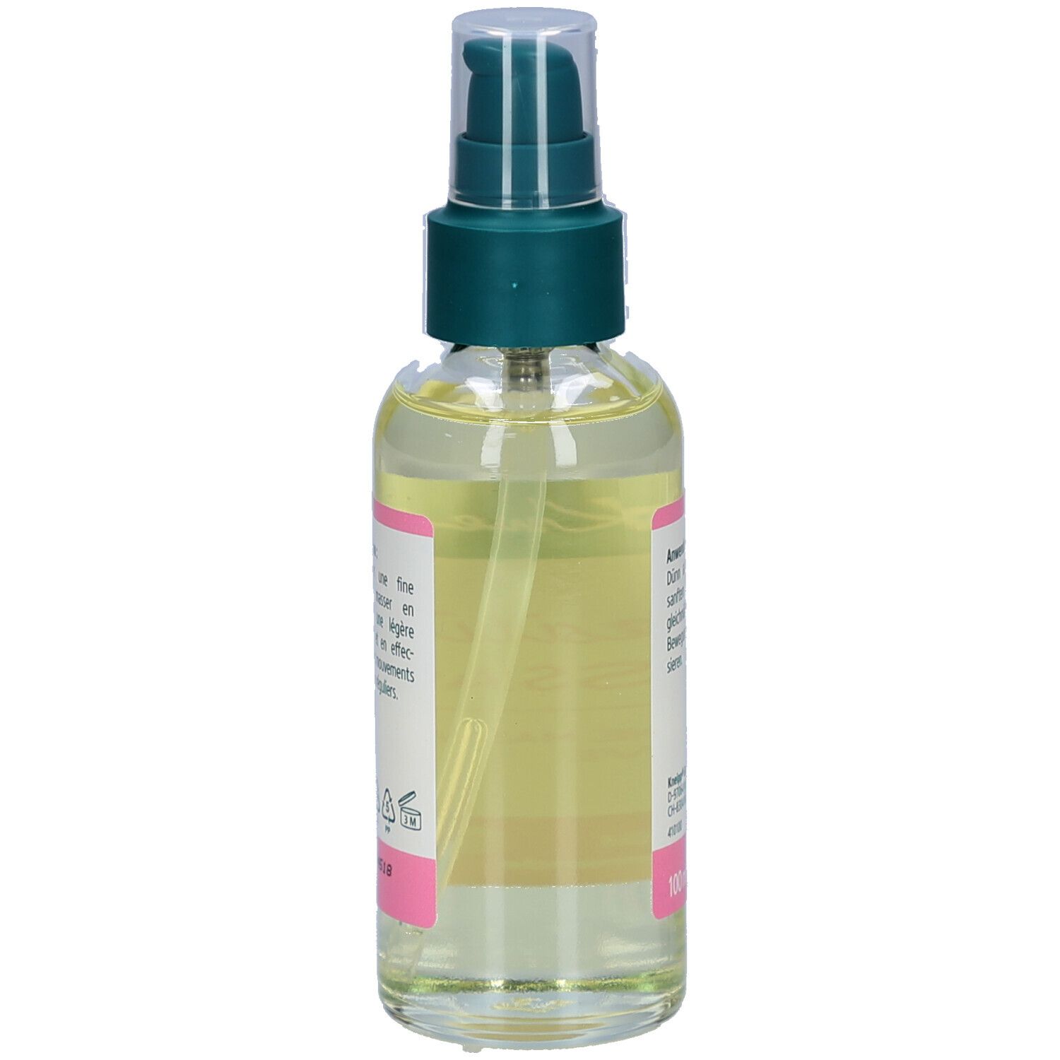 Kneipp Sensitiv Massageöl Flasche. Transparentes Öl mit grünem Pumpkopf. Rosa Etikett mit Produktname und Blüten.