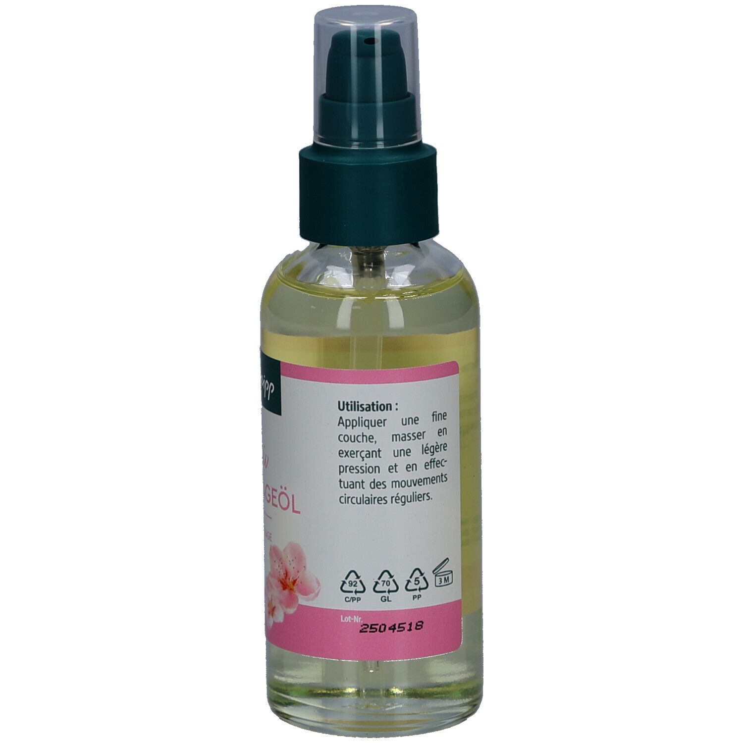 Rückseite der Kneipp Sensitiv Massageöl Flasche. Text mit Anwendungshinweisen und Inhaltsstoffen. 250 ml.