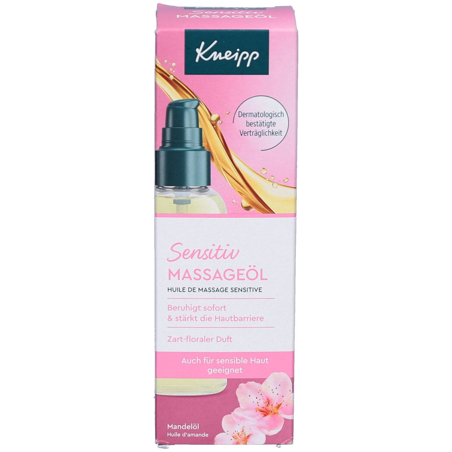Kneipp Sensitiv Massageöl Verpackung. Rosa Verpackung mit Produktname, Logo und Produktabbildung.