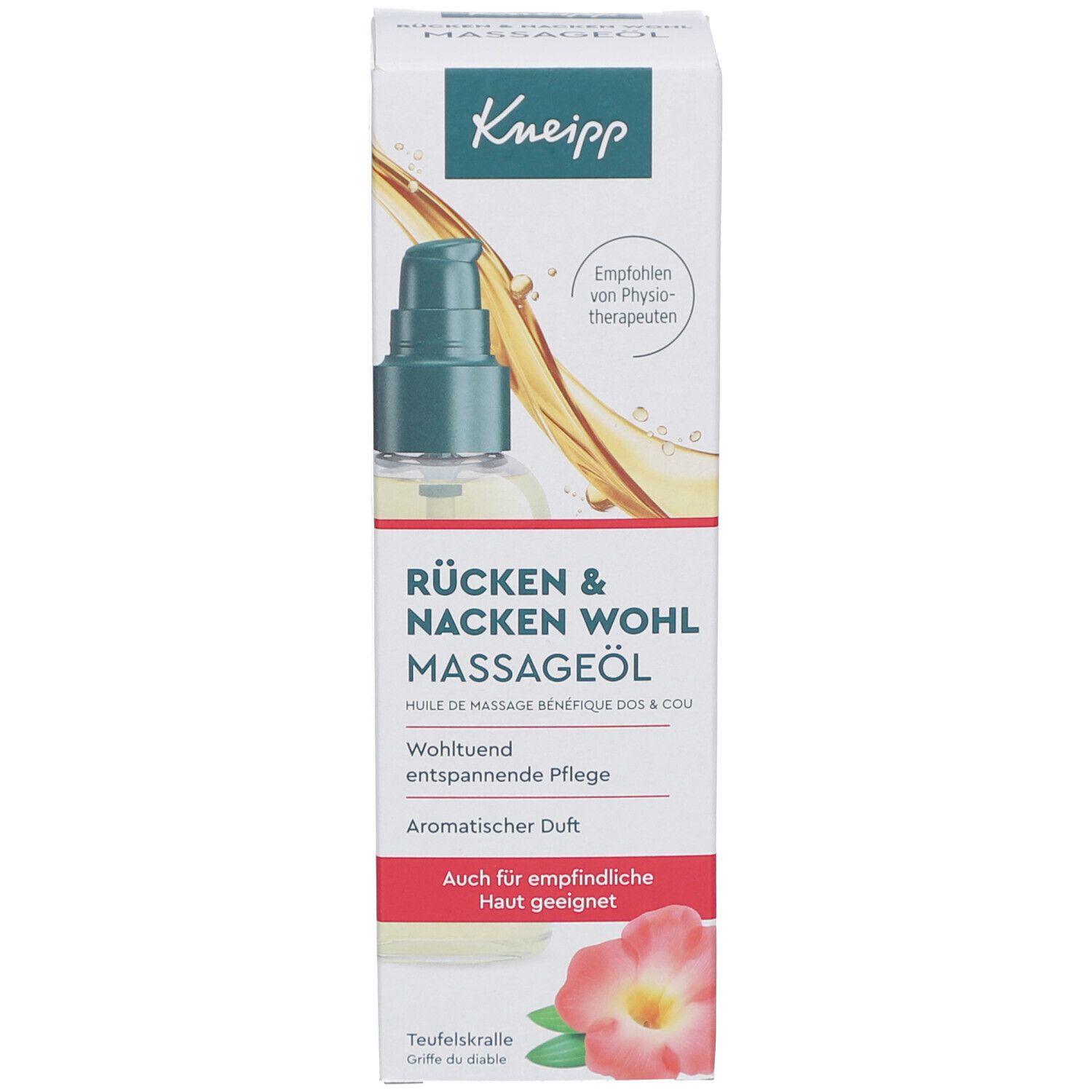 Verpackung und Massageöl-Flasche. Flasche mit grünem Pumpkopf. Verpackung mit Text und Abbildung.