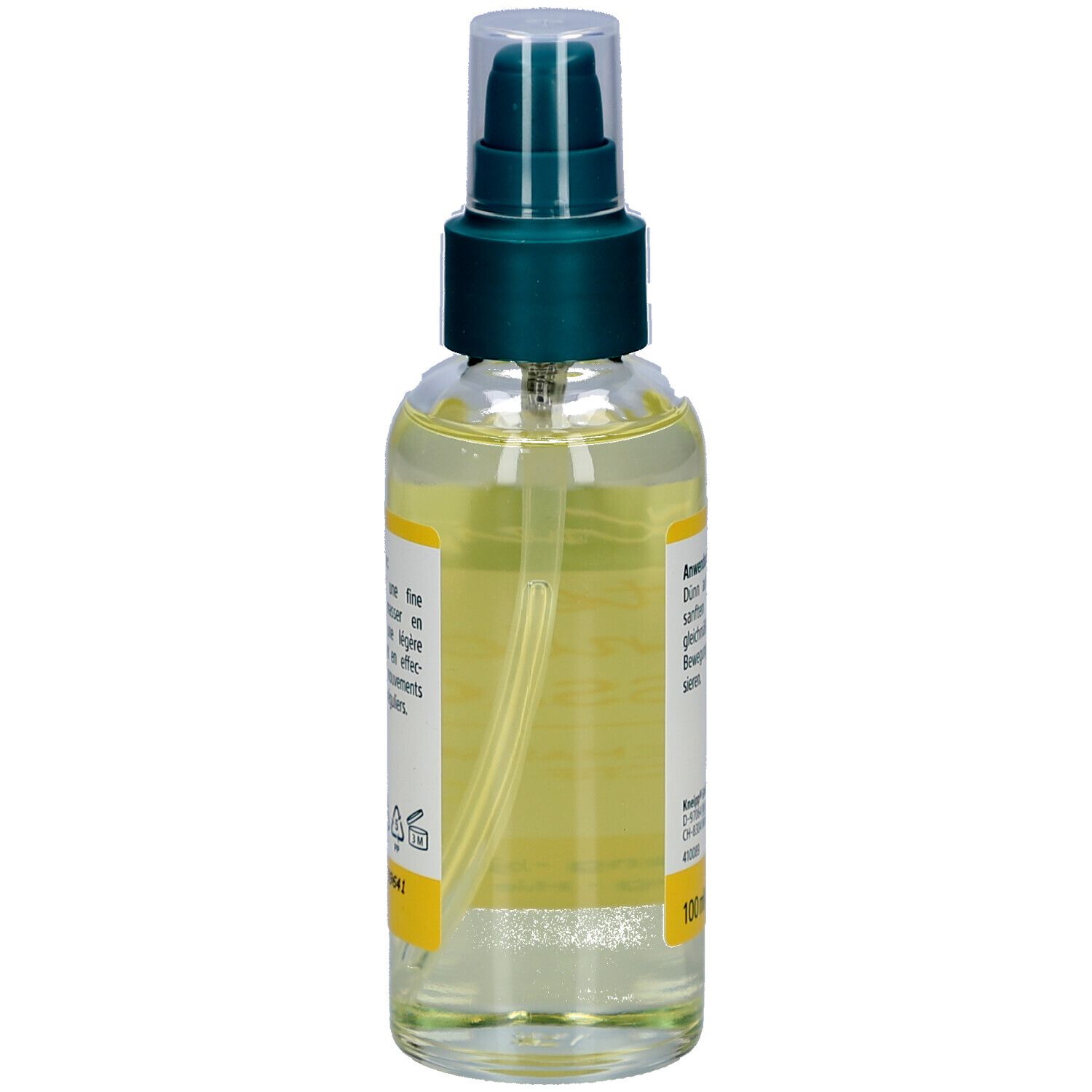 Rückseite der Kneipp Massageöl-Flasche. Gelbe Flüssigkeit, gelbes Etikett mit Text. 100 ml.
