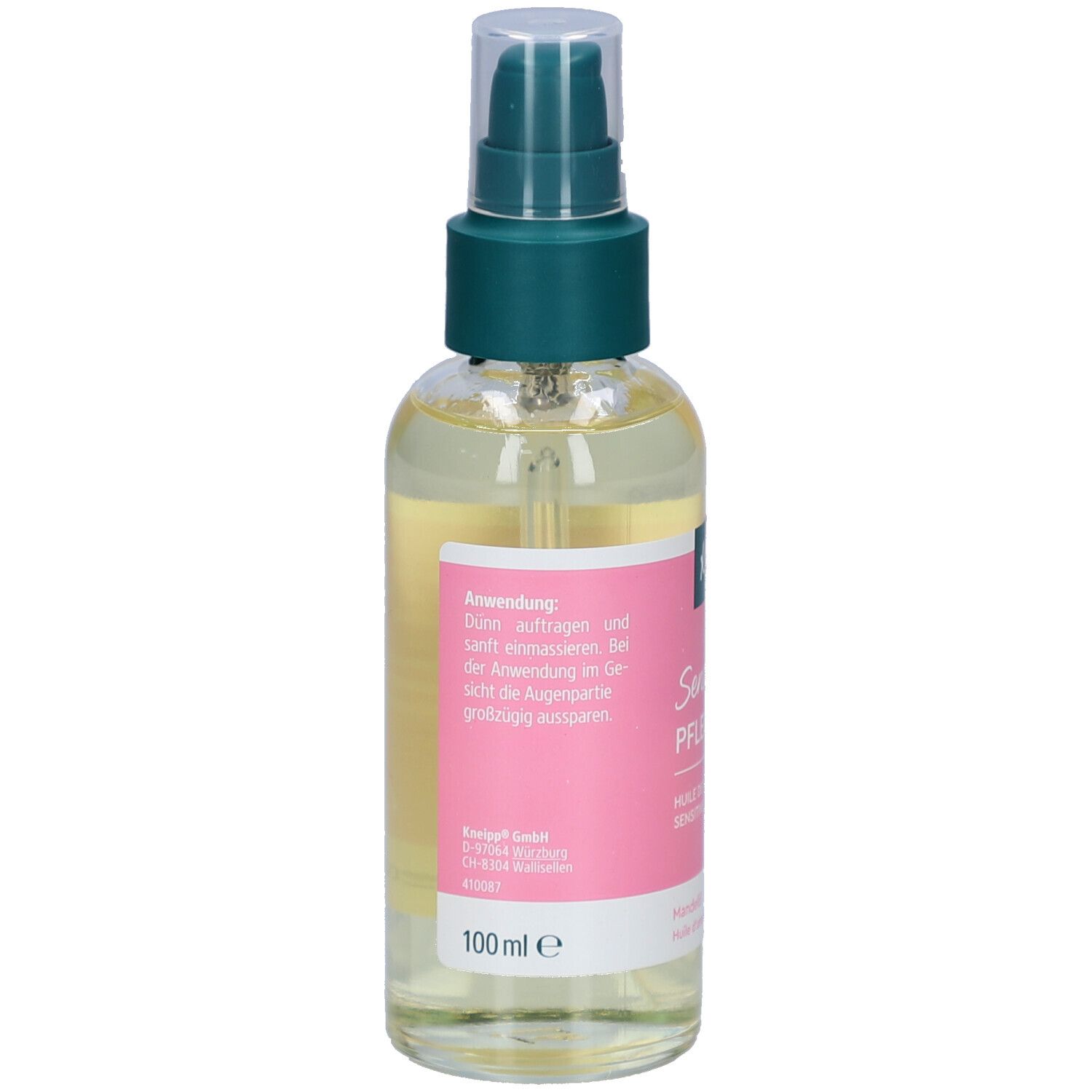Rückseite der Kneipp Sensitiv Pflegeöl Flasche. Rosa Etikett mit Anwendungshinweisen und Herstellerinformationen.