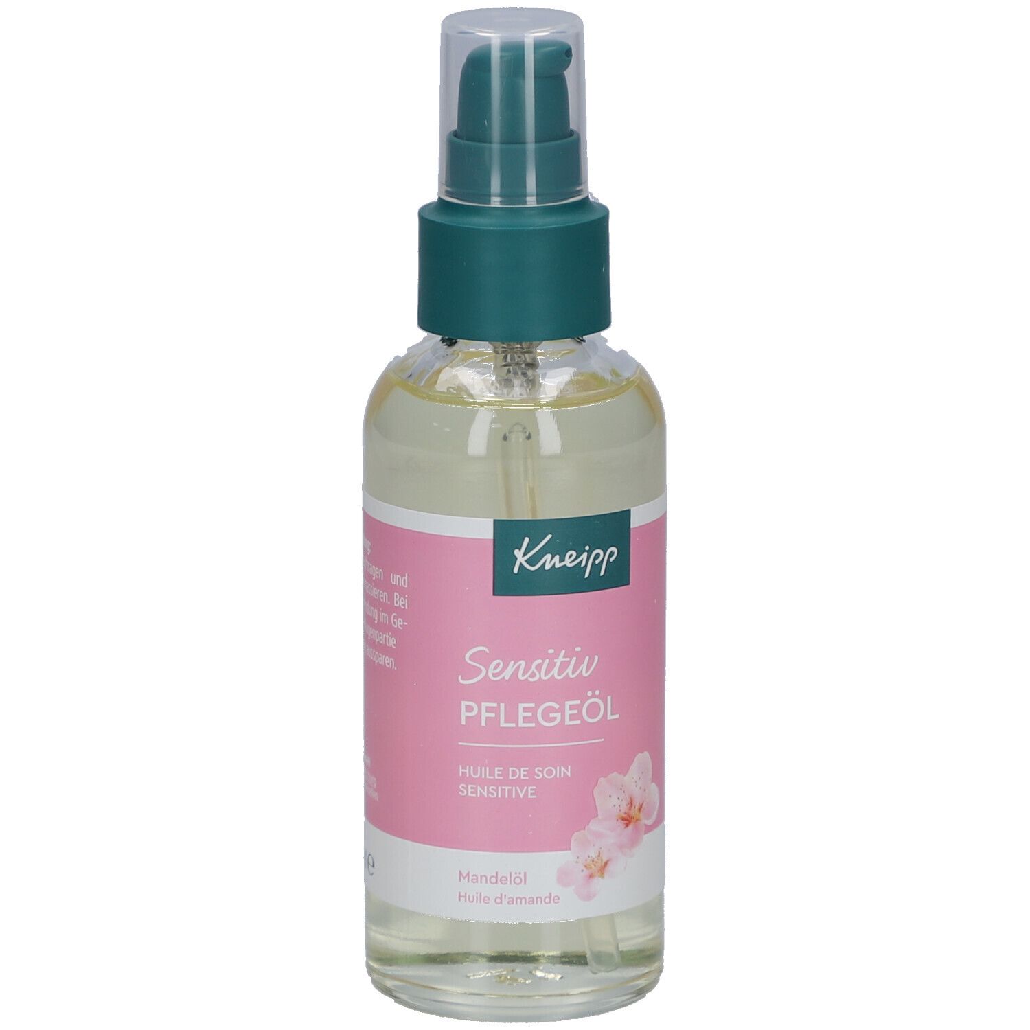 Kneipp Sensitiv Pflegeöl Flasche. Rosa Etikett mit Produktnamen und Blüten. Grüner Pumpkopf. Transparentes Öl.