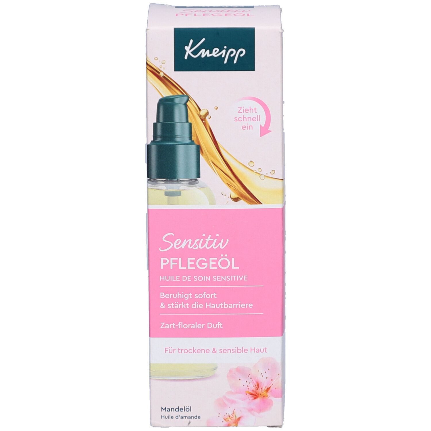 Kneipp Sensitiv Pflegeöl Verpackung. Produktname, Text und Flasche mit grünem Pumpkopf. Weißer Hintergrund.