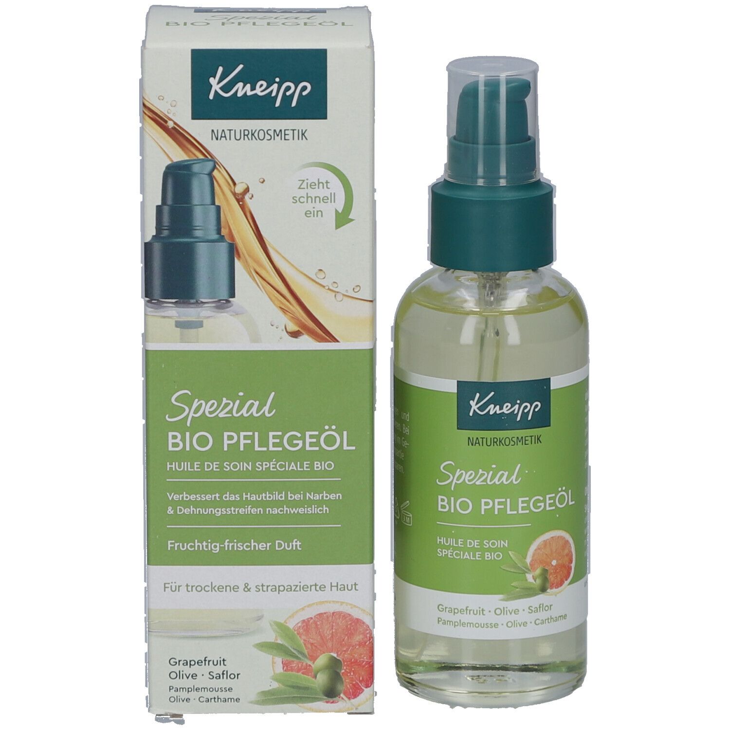 Kneipp Spezial Bio Pflegeöl Flasche und Verpackung. Produktname und Inhaltsstoffe auf der Verpackung. Grapefruit, Olive, Saflor.