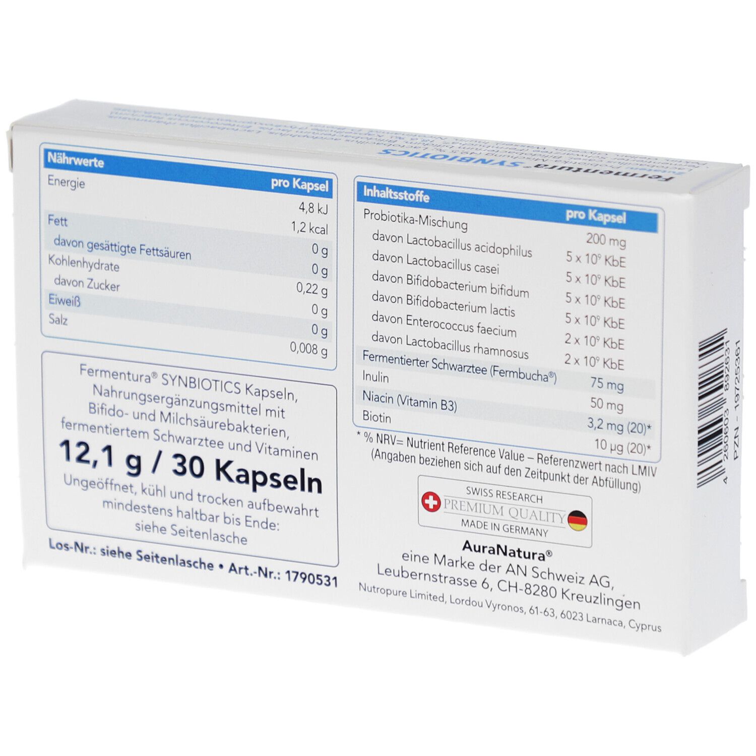 Rückseite der Schachtel mit Nährwertangaben und Inhaltsstoffen. "Fermentura Synbiotics" Kapseln. 12,1 g/30 Kapseln. Swiss Research.