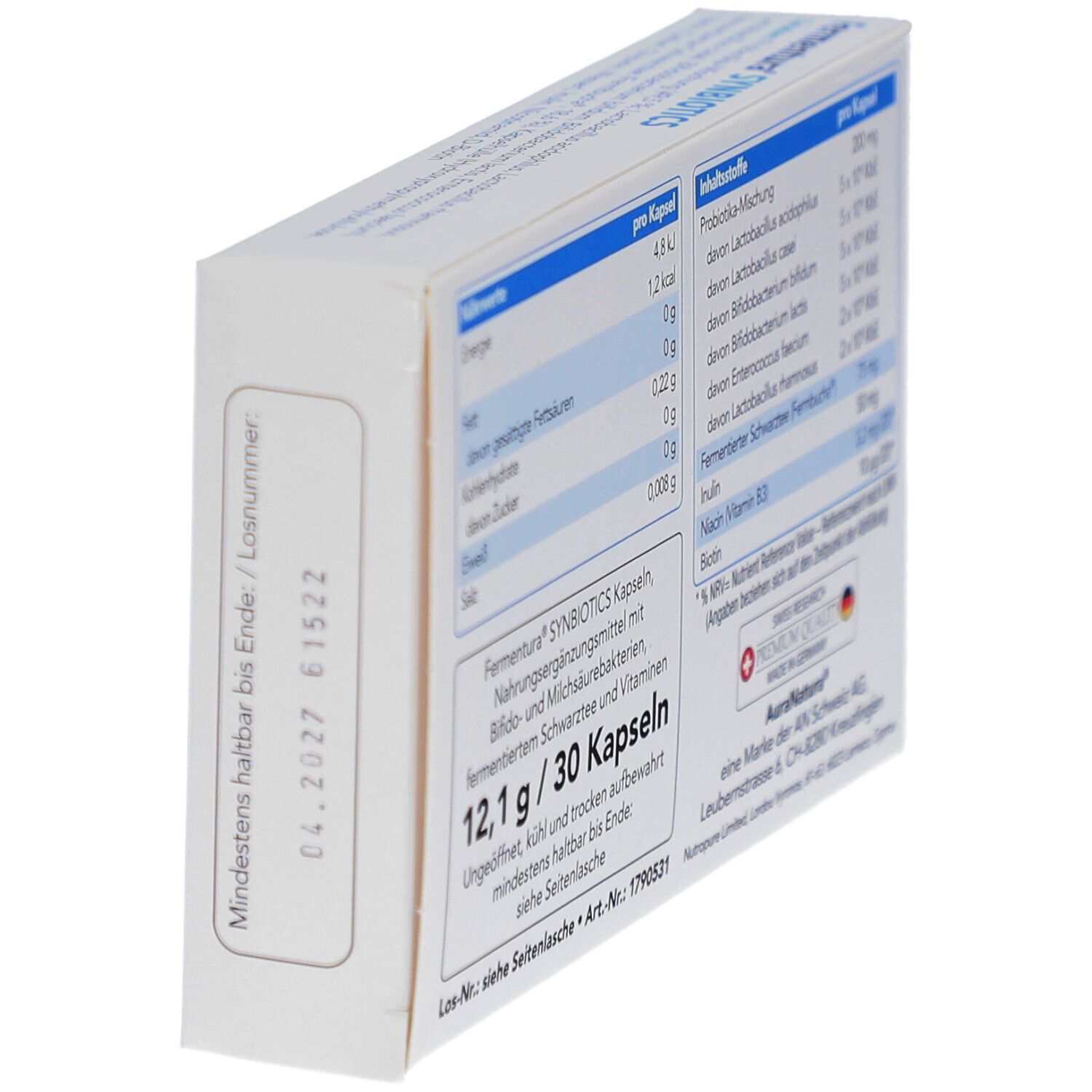 Rückseite der Schachtel mit Nährwertangaben und Inhaltsstoffen. "Fermentura Synbiotics" Kapseln. 12,1 g/30 Kapseln.