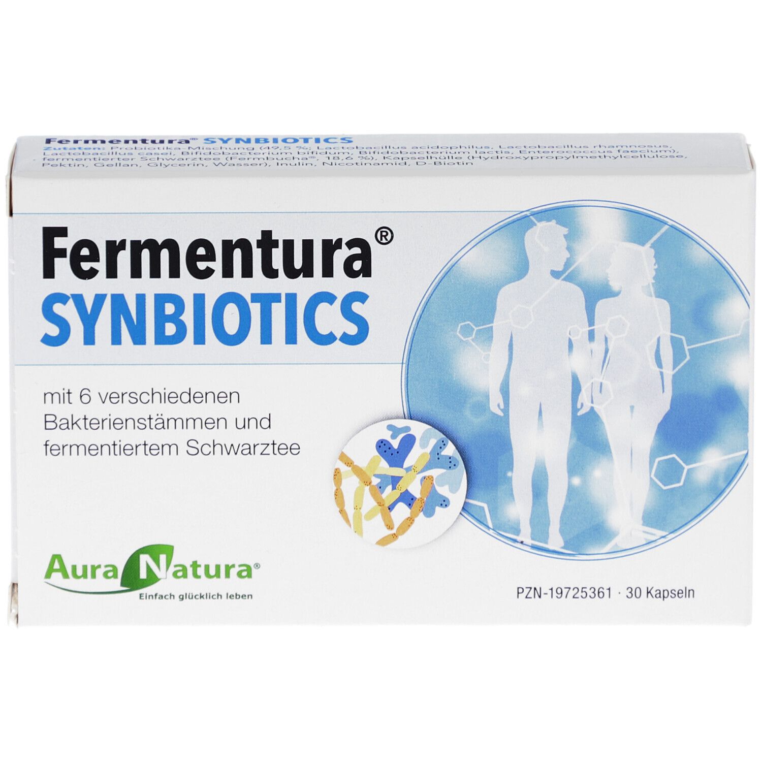 Weiße Schachtel mit "Fermentura Synbiotics"-Aufdruck. Logo "Aura Natura". 30 Kapseln. Illustration von Personen.