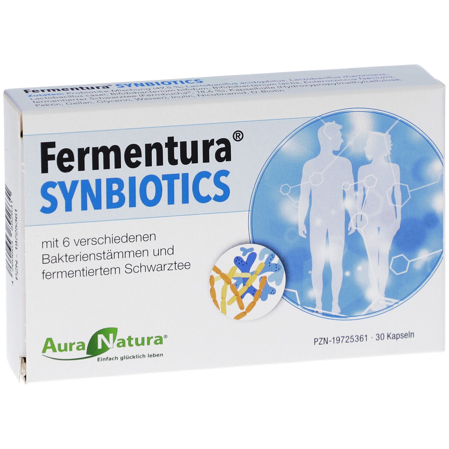 Weiße Schachtel mit "Fermentura Synbiotics"-Aufdruck. Logo "Aura Natura". 30 Kapseln. Illustration von Personen.