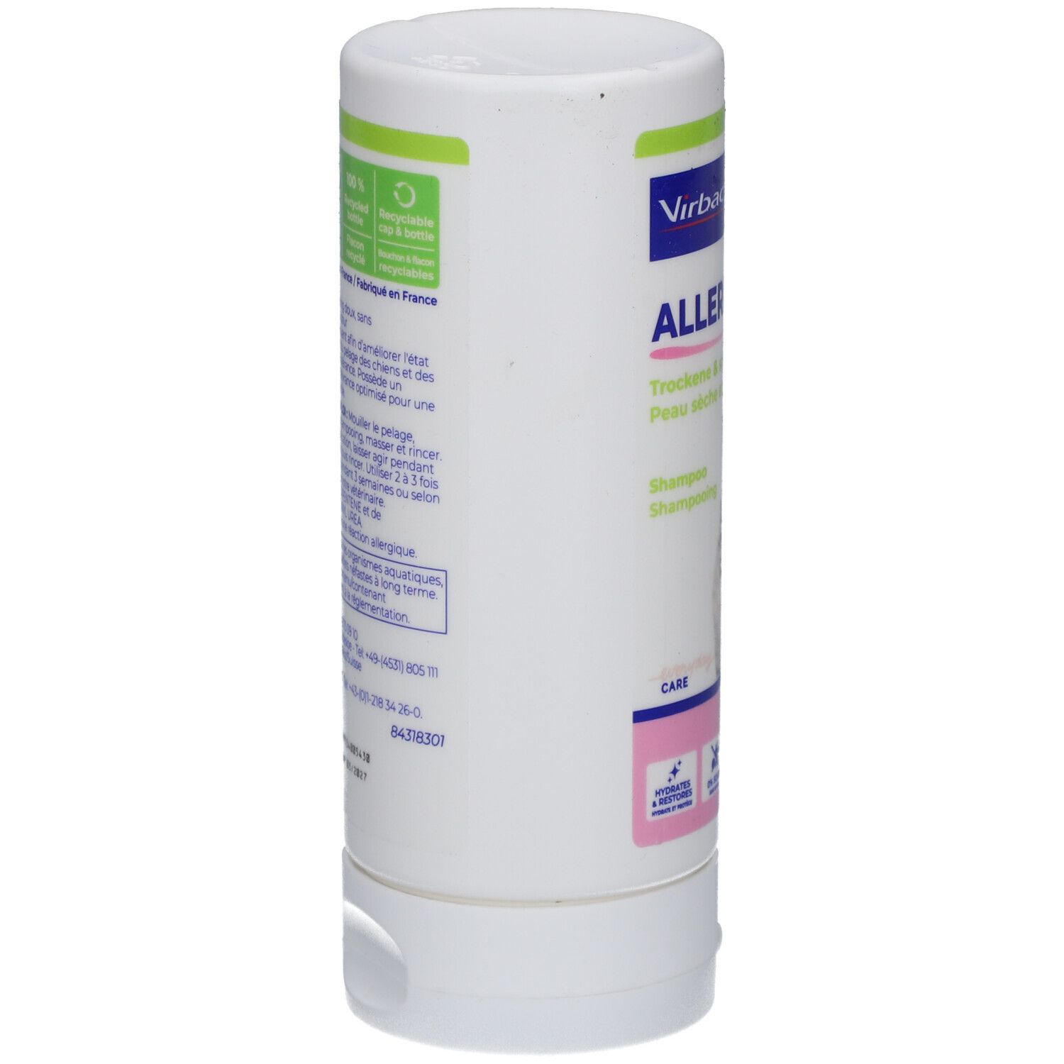 Weiße Flasche Virbac Allerderm Shampoo. Rückseite mit Text und Logo. Hergestellt in Frankreich.