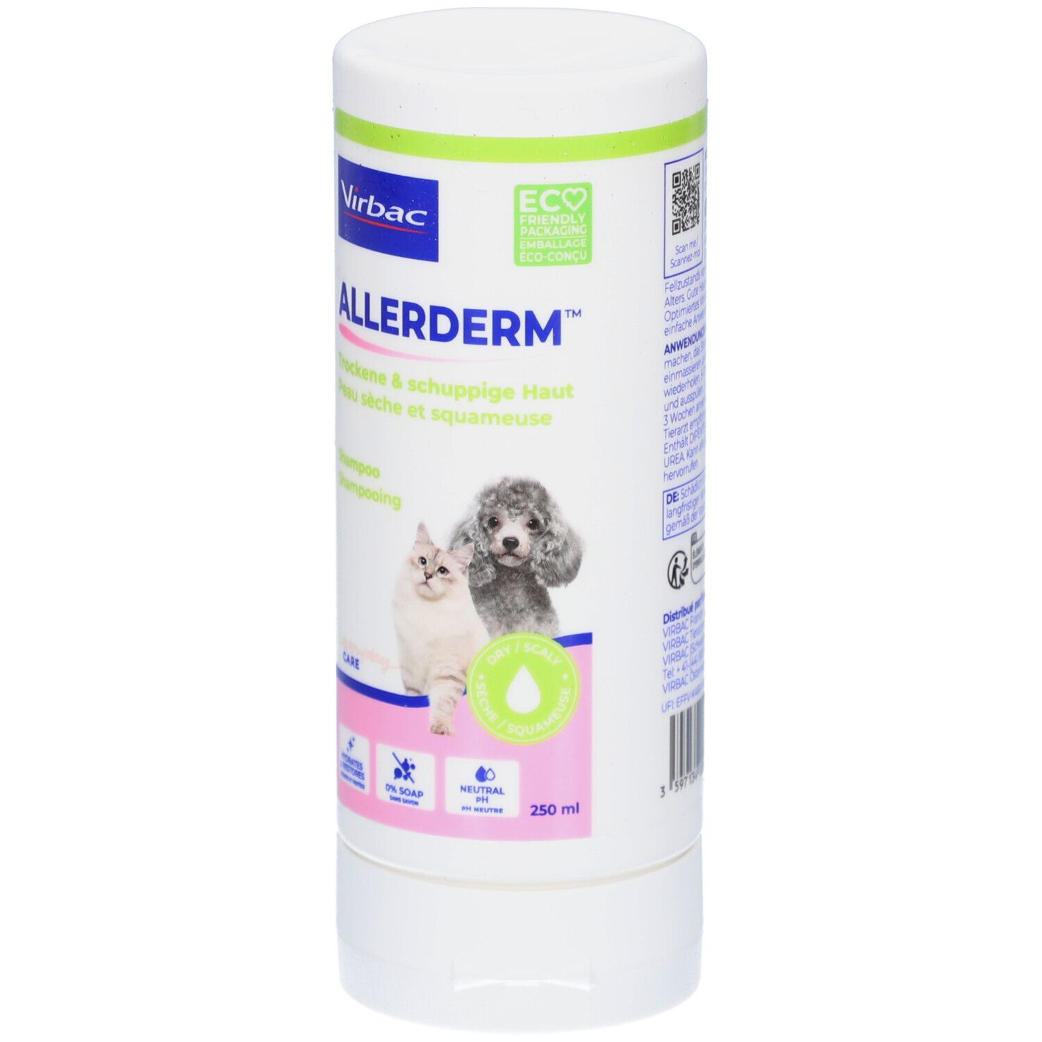 Weiße Flasche Virbac Allerderm Shampoo. Vorderseite mit Text und Abbildung von Katze und Hund. 250 ml.