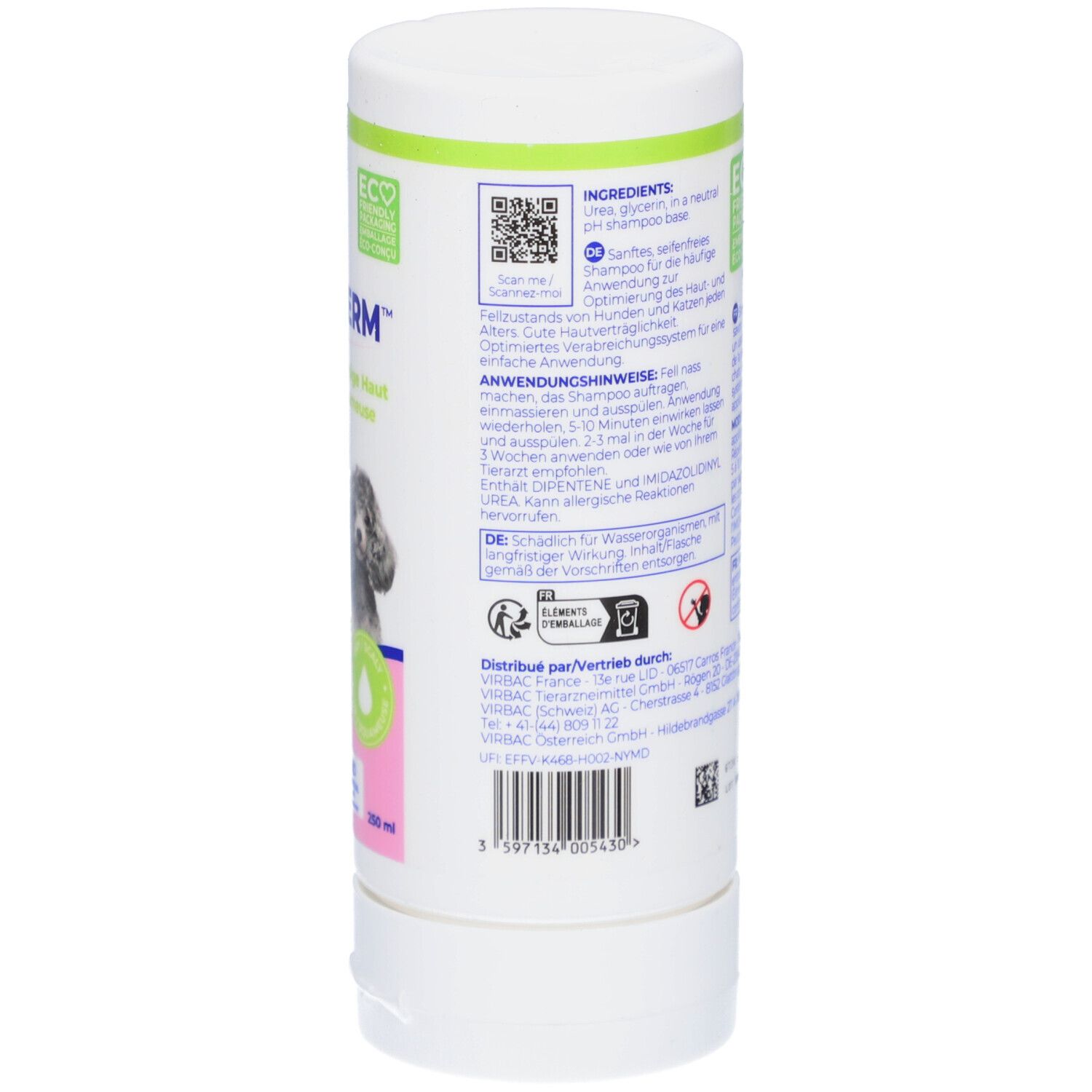 Rückseite der weißen Flasche Virbac Allerderm Shampoo. Text, Logos, QR-Code und Inhaltsstoffe. 250 ml.