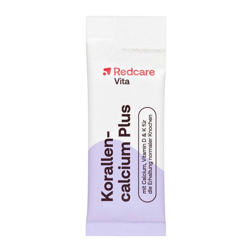 Einzelner Portionenbeutel von Redcare Vita Korallencalcium Plus. Aufschrift: Calcium, Vitamin D & K.