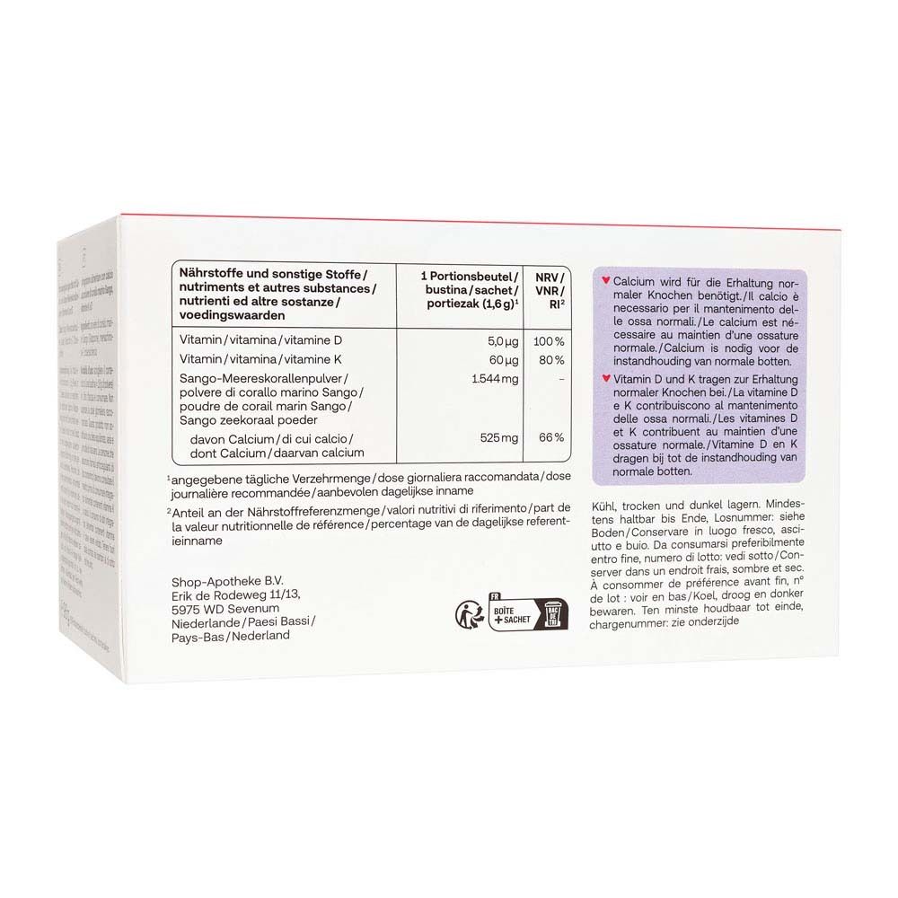 Rückseite der Packung mit Nährwertangaben zu Redcare Vita Korallencalcium Plus. Text in Deutsch und Italienisch.