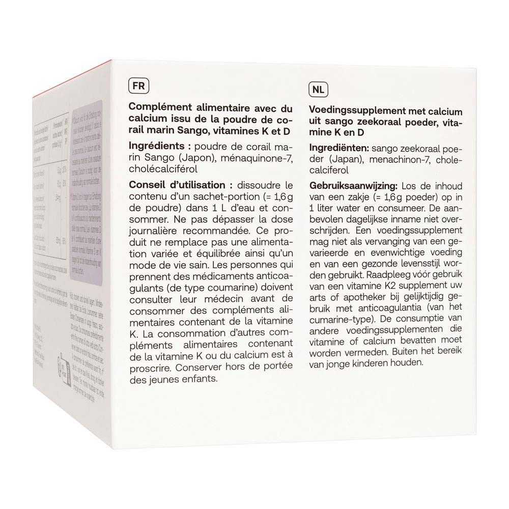 Rückseite der Packung mit Informationen zu Redcare Vita Korallencalcium Plus. Text in Französisch und Niederländisch.