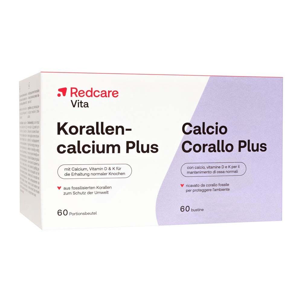 Packung mit Redcare Vita Korallencalcium Plus. Enthält 60 Portionenbeutel. Aufschrift: Calcium, Vitamin D & K.