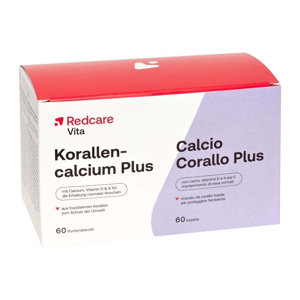 Packung mit Redcare Vita Korallencalcium Plus. Enthält 60 Portionenbeutel. Aufschrift: Calcium, Vitamin D & K.