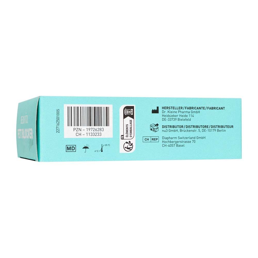 Seitenansicht der BEAVITA Fett Blocker Med Verpackung mit Hersteller- und Händlerinformationen.