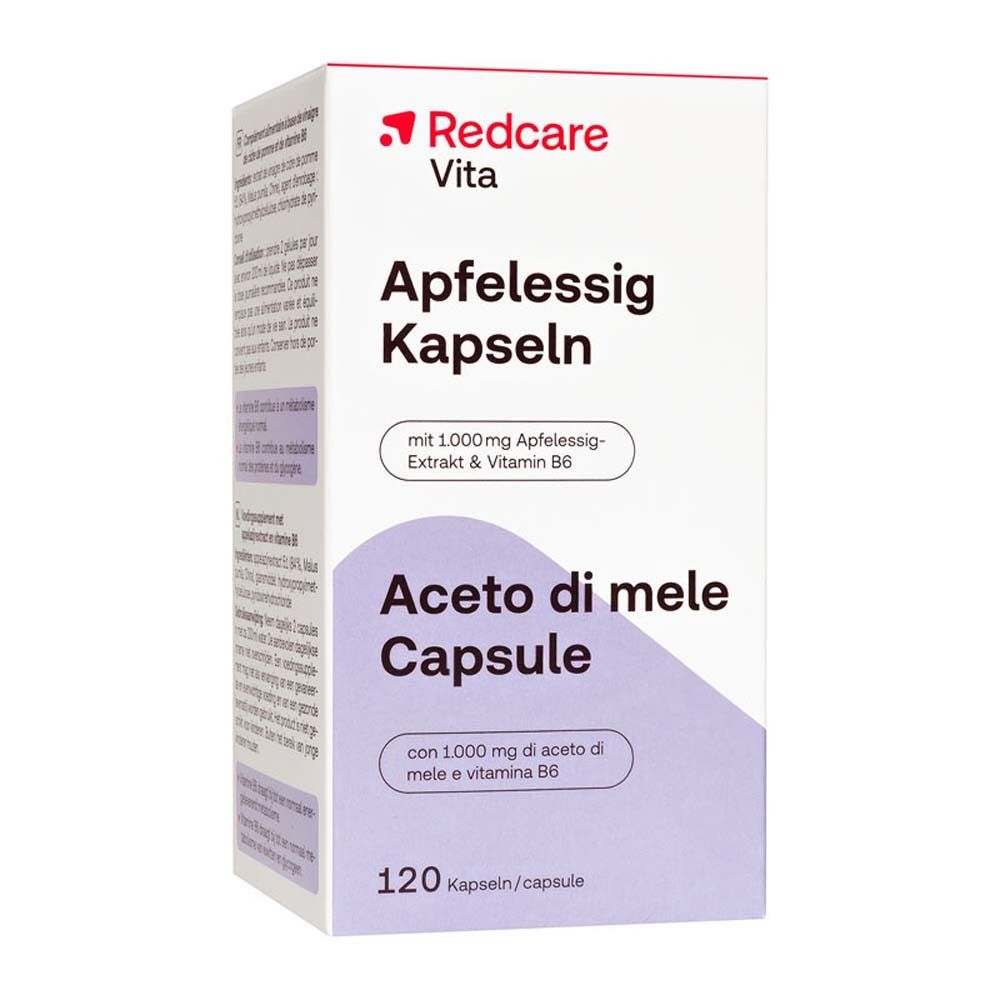 Verpackung mit Kapseln. Aufschrift: Redcare Vita Apfelessig Kapseln, Aceto di mele Capsule, 120 Kapseln.