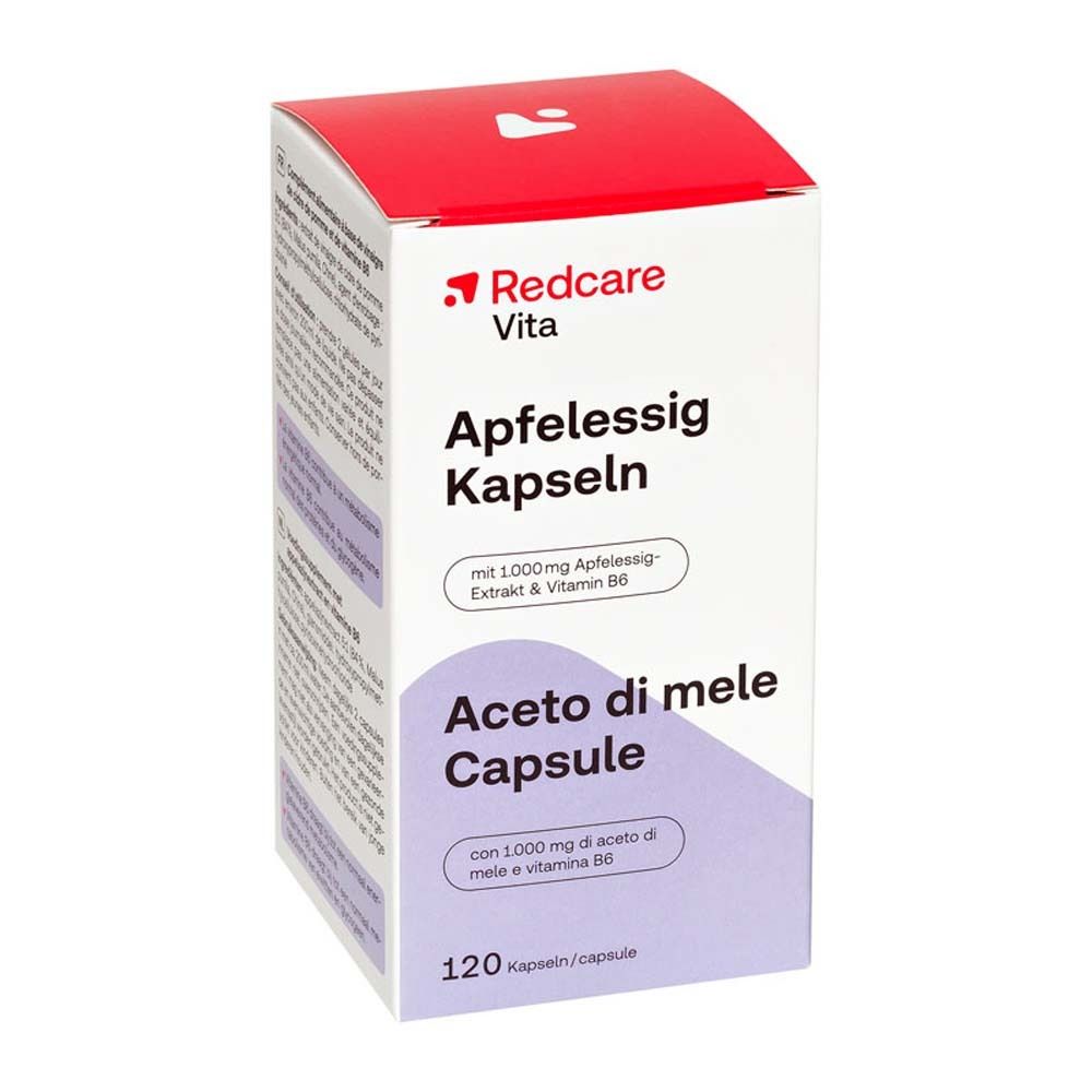 Verpackung mit Kapseln. Aufschrift: Redcare Vita Apfelessig Kapseln, Aceto di mele Capsule, 120 Kapseln.