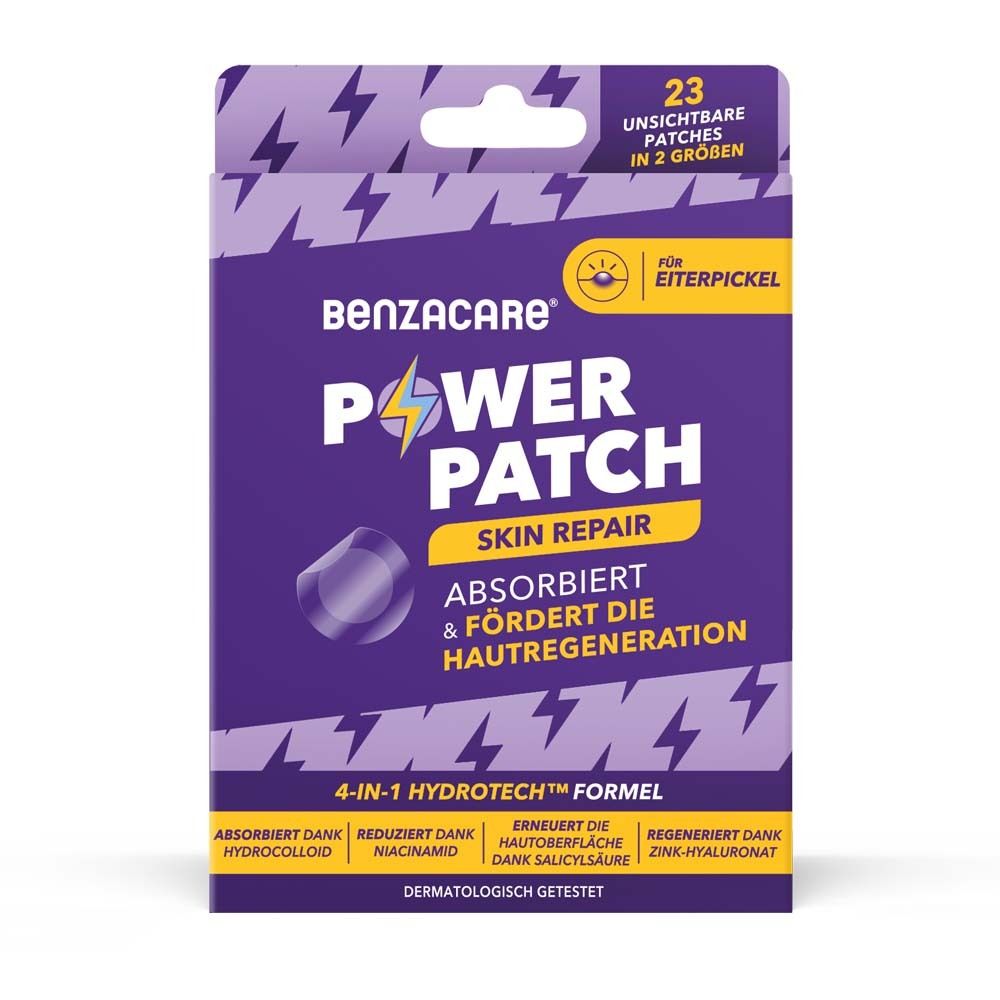 Benzacare Power Patch Packung. Enthält 23 unsichtbare Patches in 2 Größen. Hautpflege-Produkt.