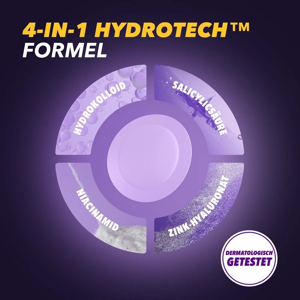 Kreisförmige Darstellung der 4-in-1 Hydrotech Formel. Enthält Hydrokolloid, Niacinamid, Salicylsäure, Zink-Hyaluronat.