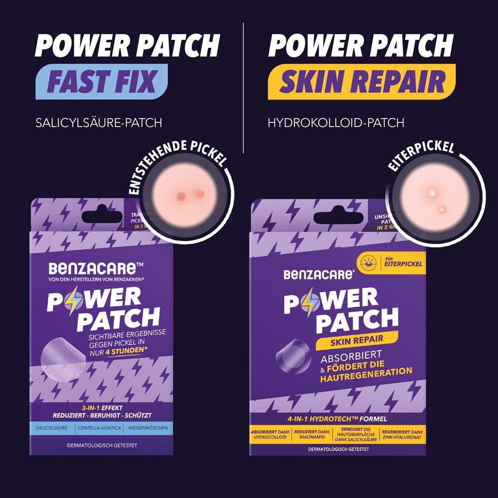 Frau lächelt. Text: Power Patch Skin Repair. Vorteile: wasserfest, make-up-freundlich, wie zweite Haut, parfümfrei & vegan.