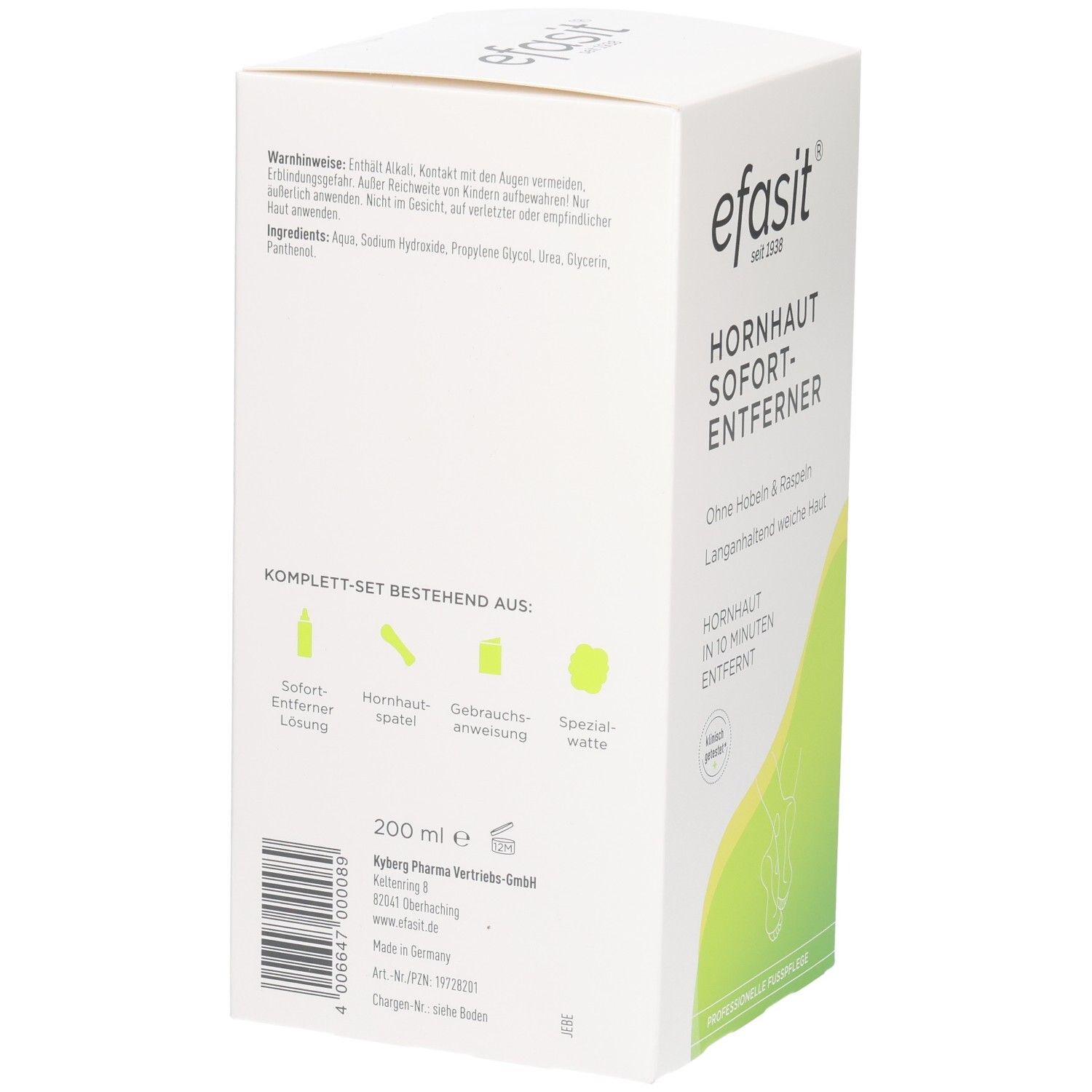 Efasit Hornhaut Sofort-Entferner Set: 200 ml Lösung, Hornhaut-Spachtel, Gebrauchsanweisung, Spezial-Watte.
