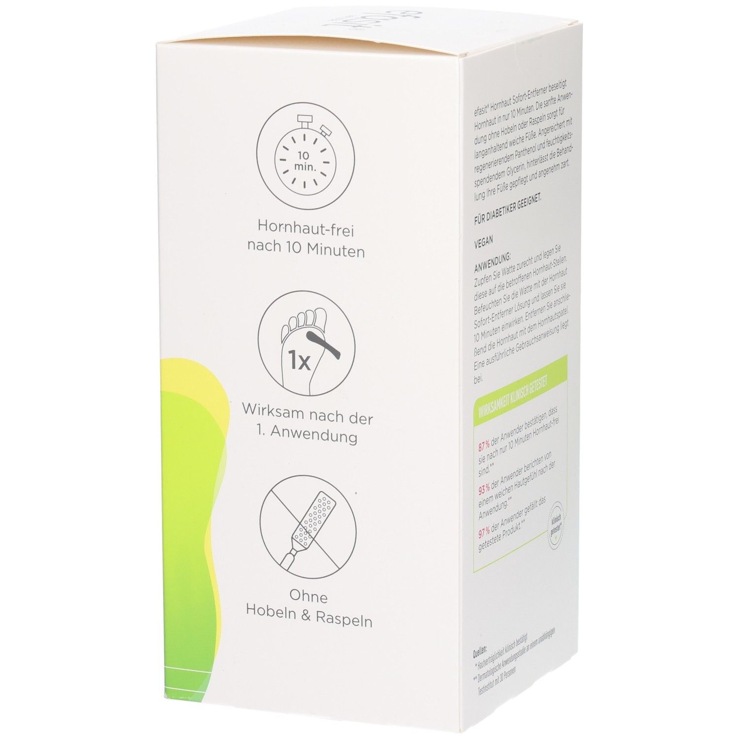 Verpackung mit Icons: Hornhautfrei nach 10 Minuten, wirksam nach 1. Anwendung, ohne Hobeln & Raspeln.