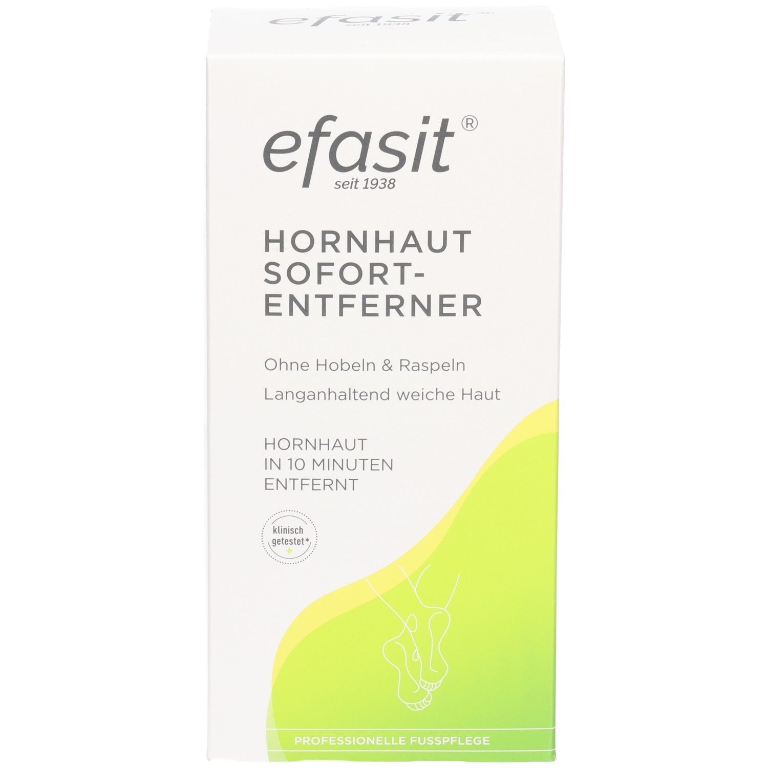 Efasit Hornhaut Sofort-Entferner Verpackung. Ohne Hobeln & Raspeln. Hornhaut in 10 Minuten entfernt. Klinisch getestet.