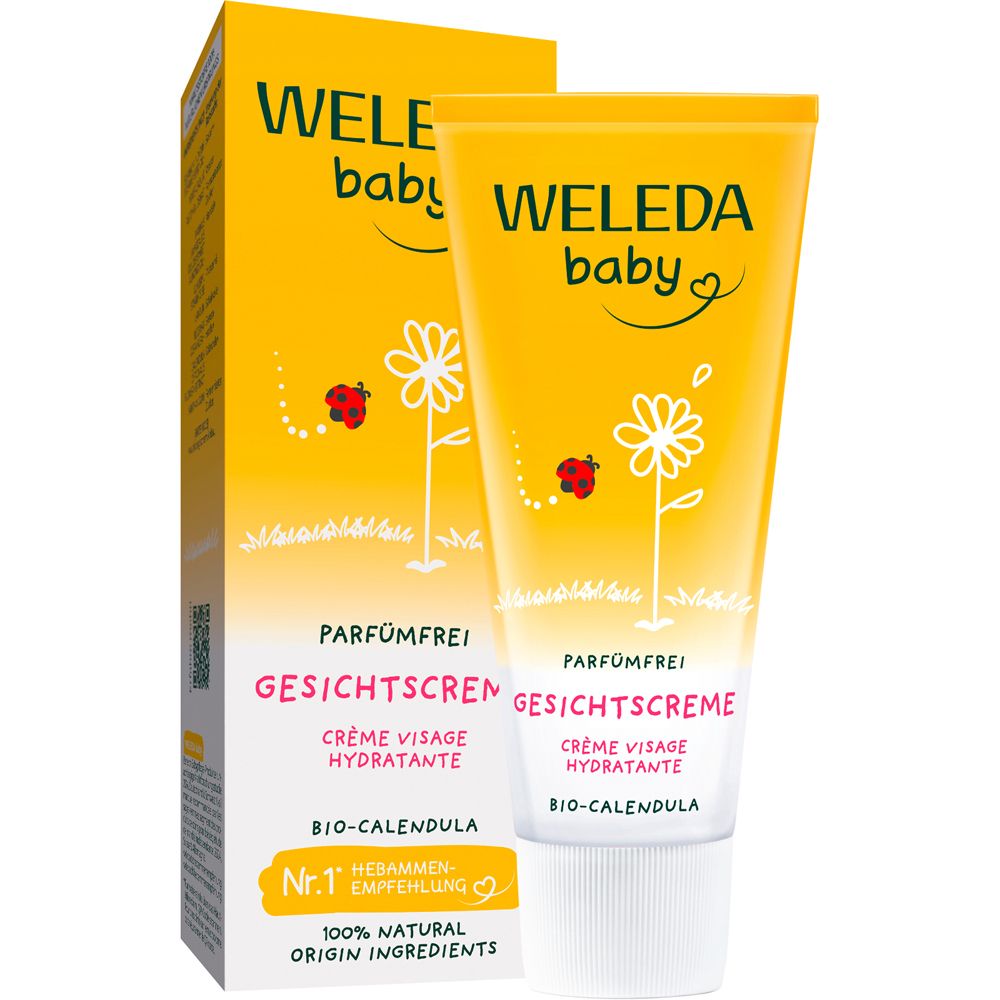 Gelbe Tube und Schachtel. Aufschrift: WELEDA baby, parfümfrei, Gesichtscréme. Mit Blüten- und Marienkäfer-Motiv.