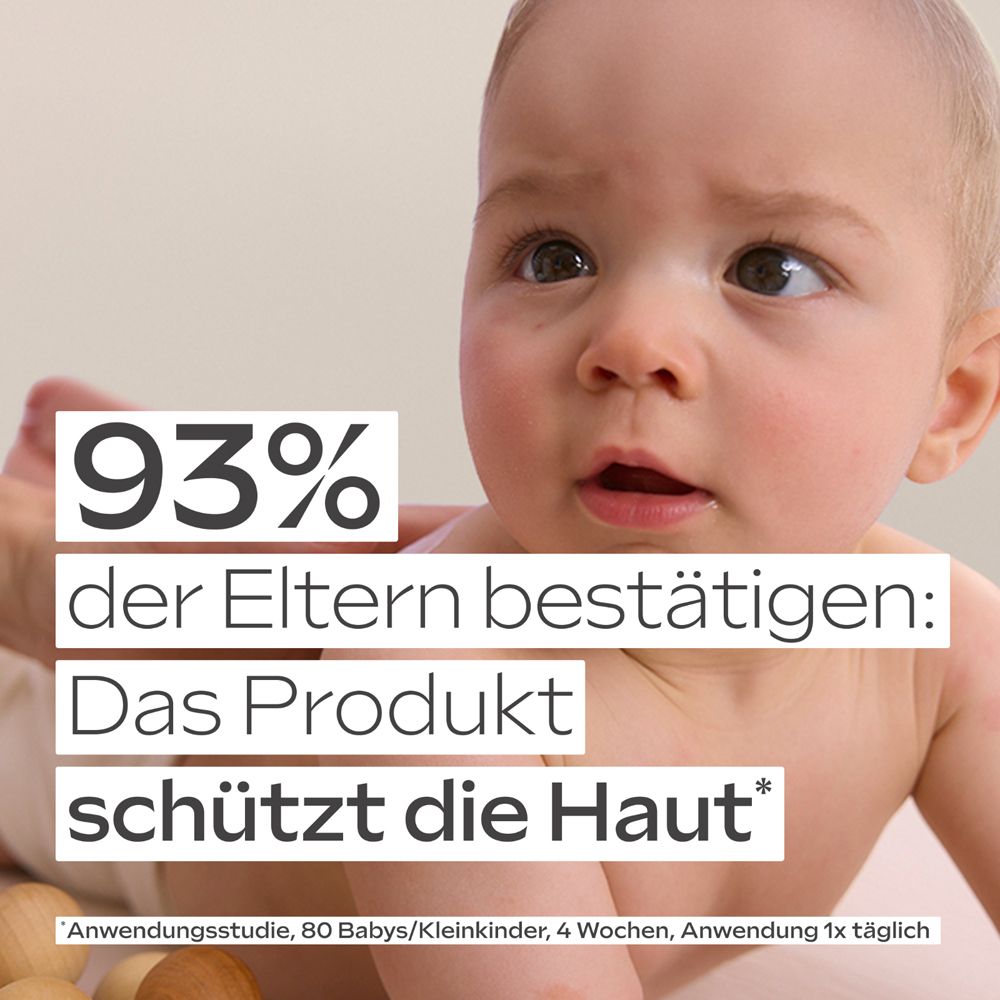 Baby mit Text: 93% der Eltern bestätigen: Das Produkt schützt die Haut. Text unten: Anwendungsstudie.